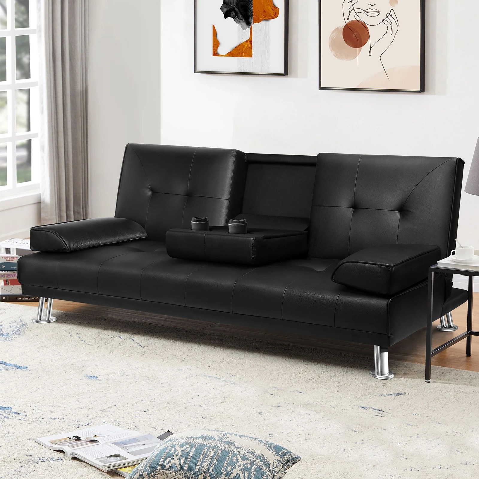 2 Alfordson Sofa Bed Lounge 3 Seater Futon Couch Cup Holder Leather - Black, 2 of 10
