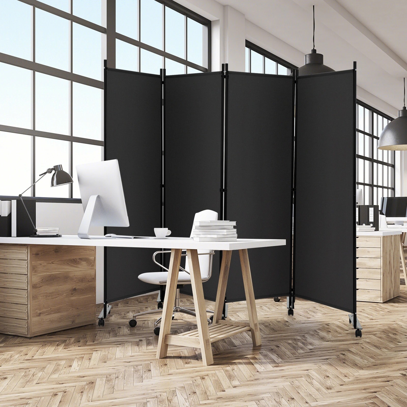 3 Costway 4-Panel Folding Room Divider 1.73m Rolling Privacy Screen w/Lockable Wheels - Grey, 3 of 3