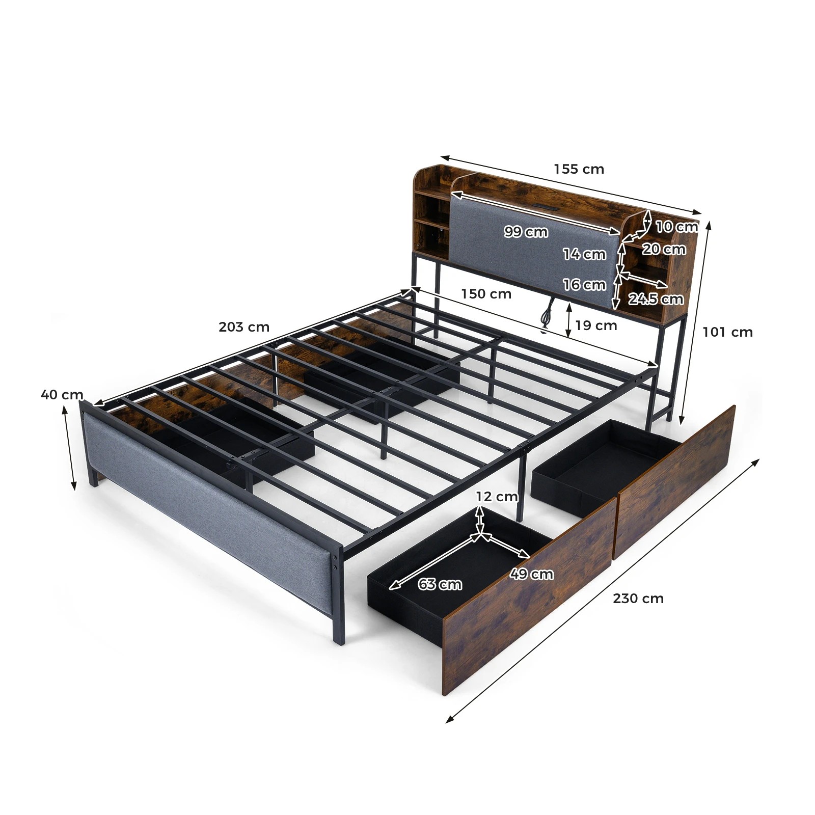 4 Costway Queen LED Bed Frame Charging Station Platform Bed Headboard Footboard 4 Storage Drawers, 4 of 4