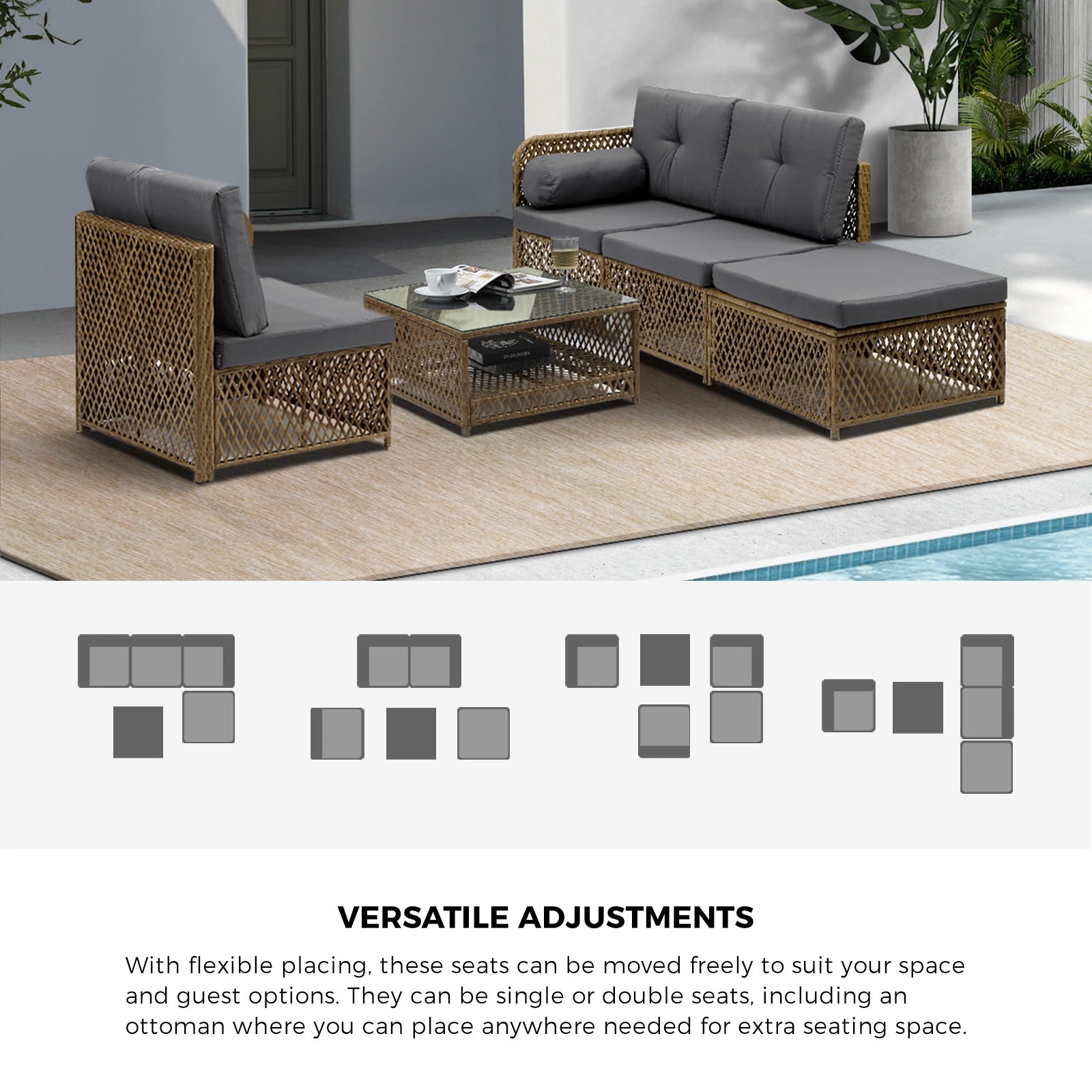 5 Livsip Outdoor Sofa Set 4 Seater Wicker Lounge Setting - Brown, 5 of 8