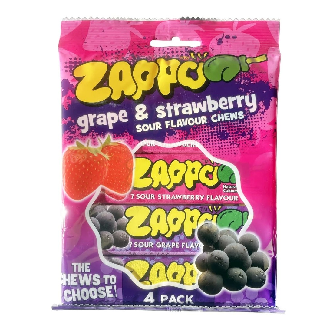 1 Zappo Grape & Strawberry Sour Flavour Chews 4 Pack 116g, 1 of 2