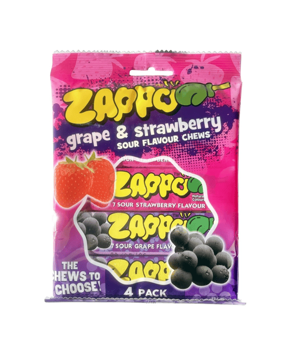 Zappo Grape & Strawberry Sour Flavour Chews 4 Pack 116g