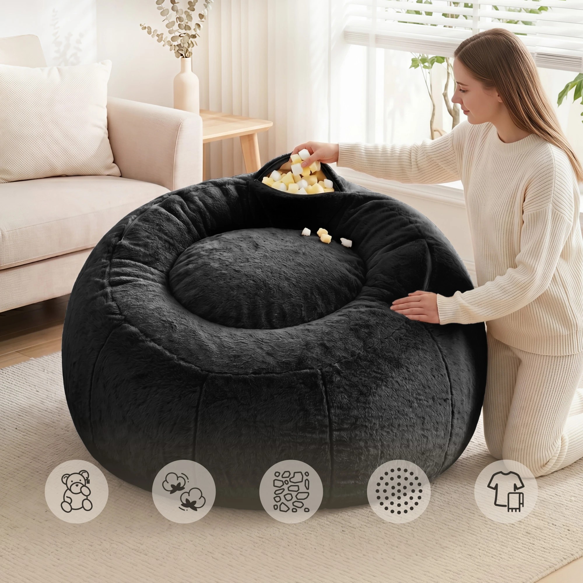 5 Artiss Bean Bag Chair Cover Faux Fur No Filler Washable Lazy Sofa Cover - Black, 5 of 9