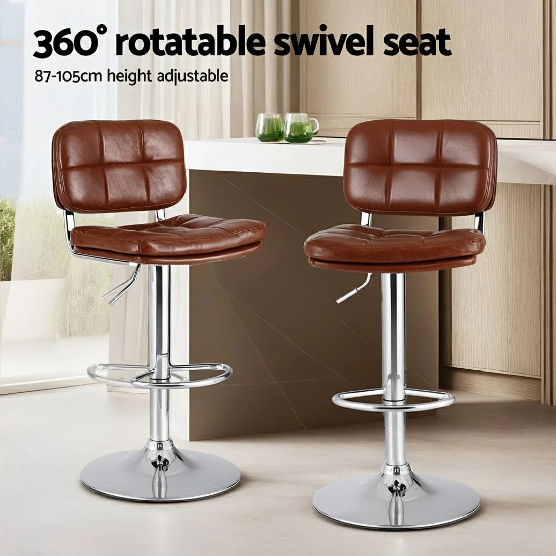 4 Artiss 2x Bar Stools Kitchen Swivel Gas Lift Counter Chair Tuft PU Leather - Multi, 4 of 6