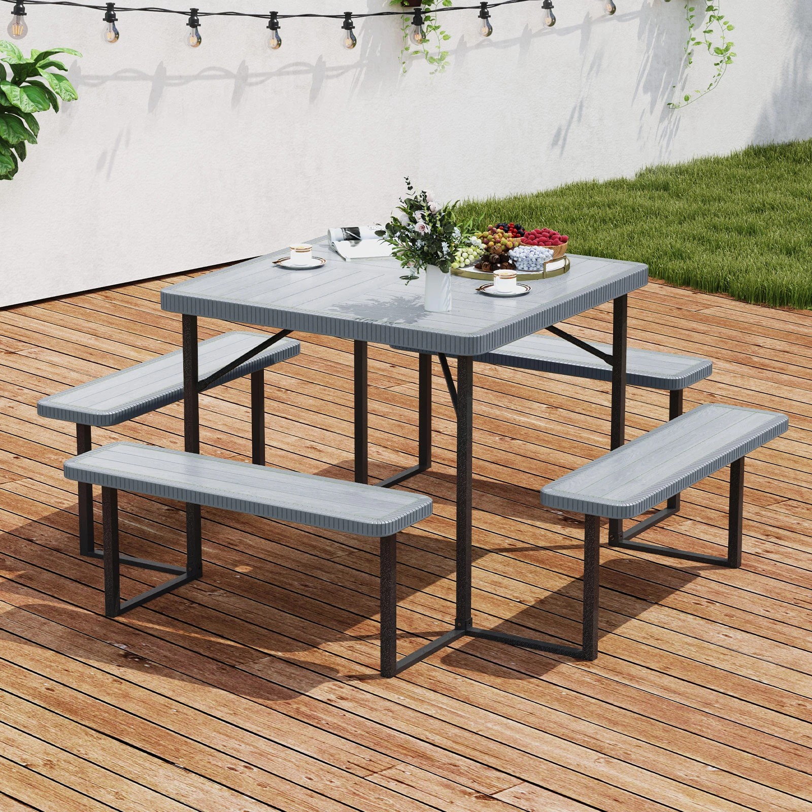 3 Costway Picnic Table Bench Set for 4-8 People w/All-Weather HDPE Tabletop & Umbrella Hole - Grey, 3 of 3