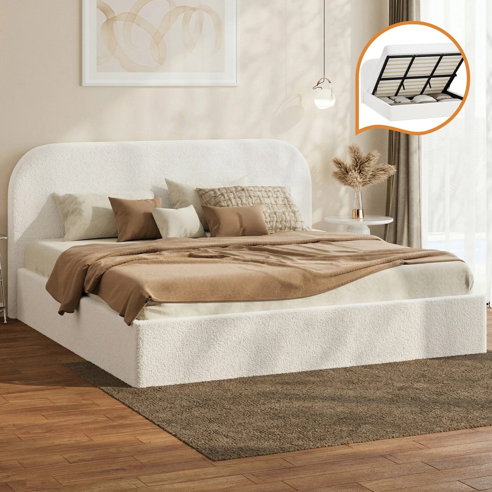 3 Oikiture King Bed Frame with Gas Lift Storage Mattress Base Boucle - White, 3 of 9
