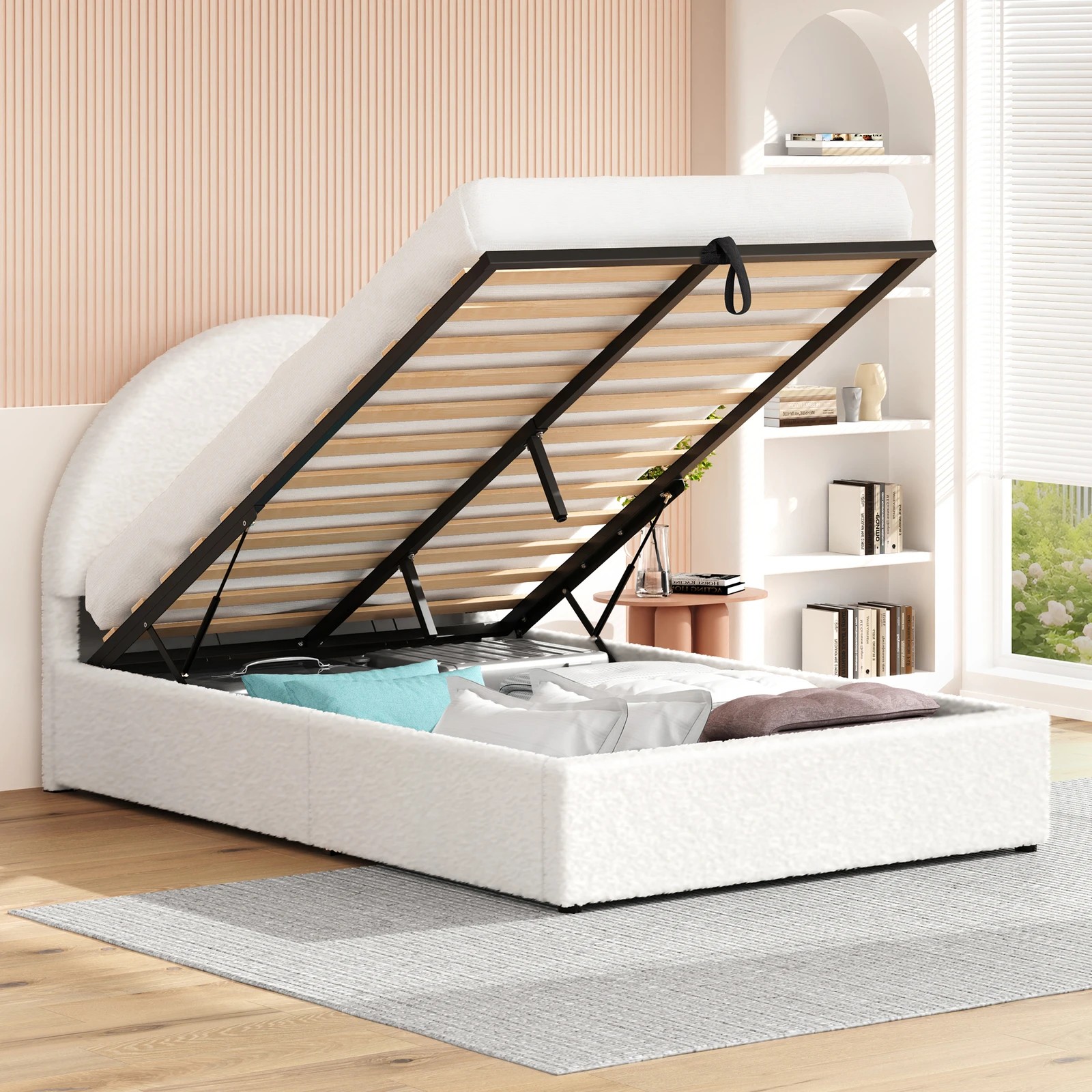 4 Alfordson Bed Frame King Single Arched Base Gas Lift Storage Boucle Hoult - White, 4 of 10