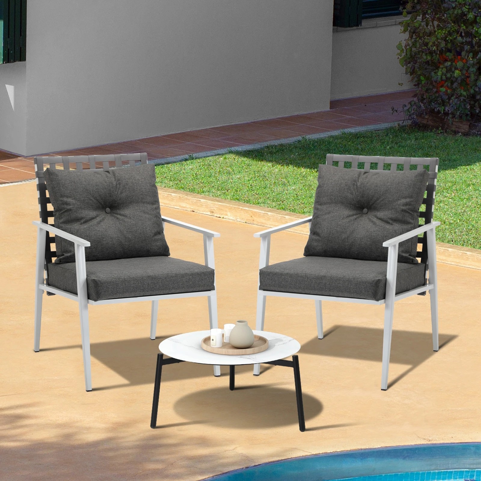 3 Livsip 3pc Outdoor Lounge Sets Patio Set 50CM White Round Table Rattan Chairs - Multi, 3 of 9