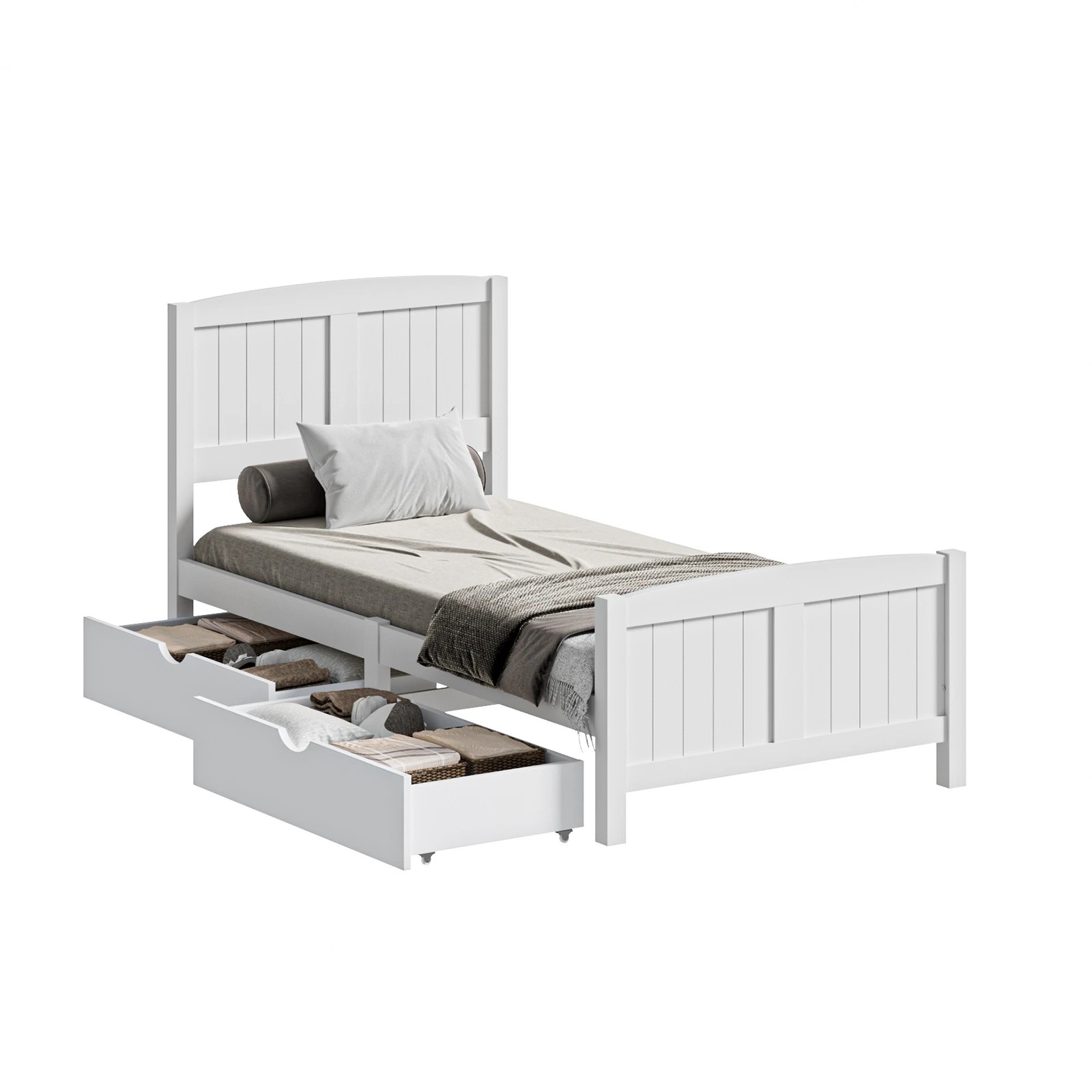1 Oikiture Wooden Bed Frame Single Size Base With Trundle Storage Drawers
 - White, 1 of 8