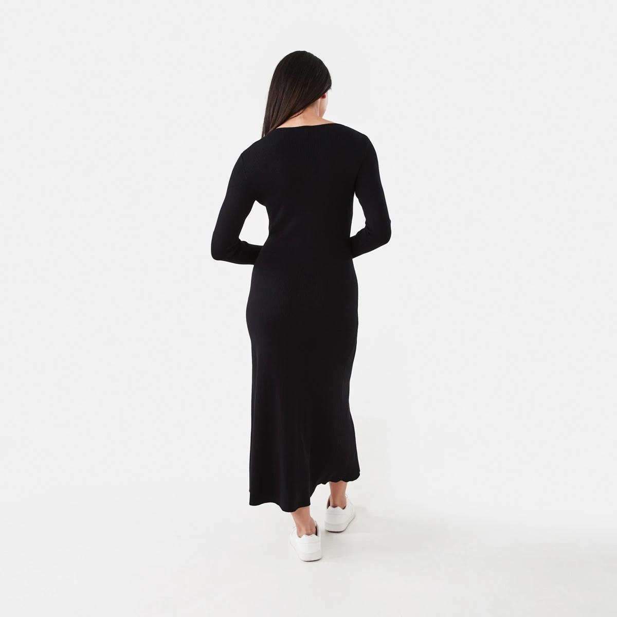 3 Long Sleeve Button Through Knit Maxi Dress Black, 3 of 6