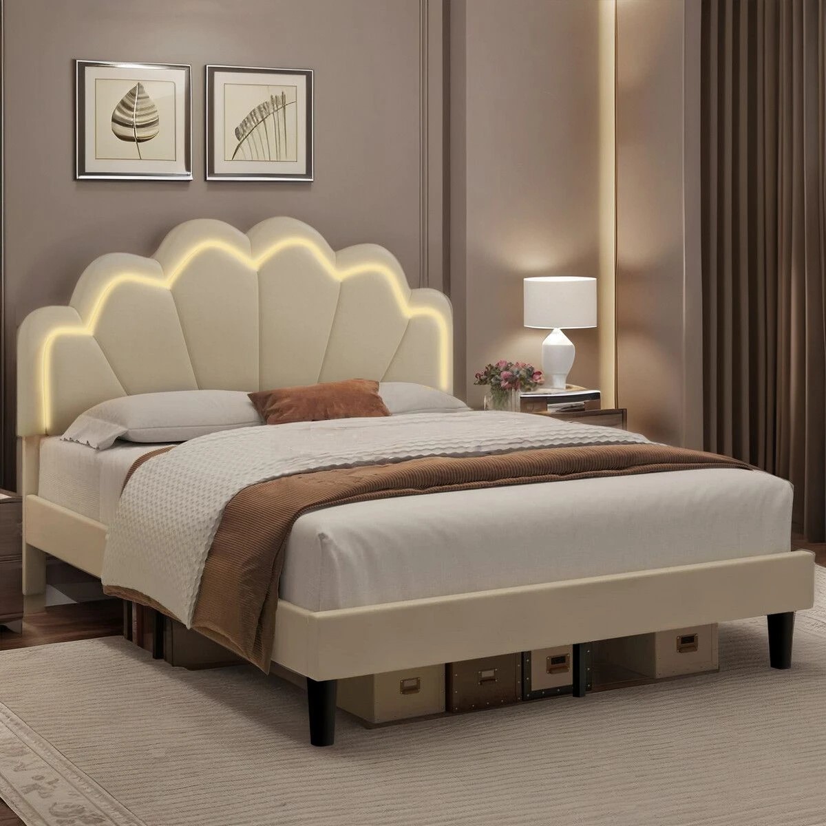 5 AUSWAY Wood Queen Bed Frame with LED Headboard Metal, 5 of 5