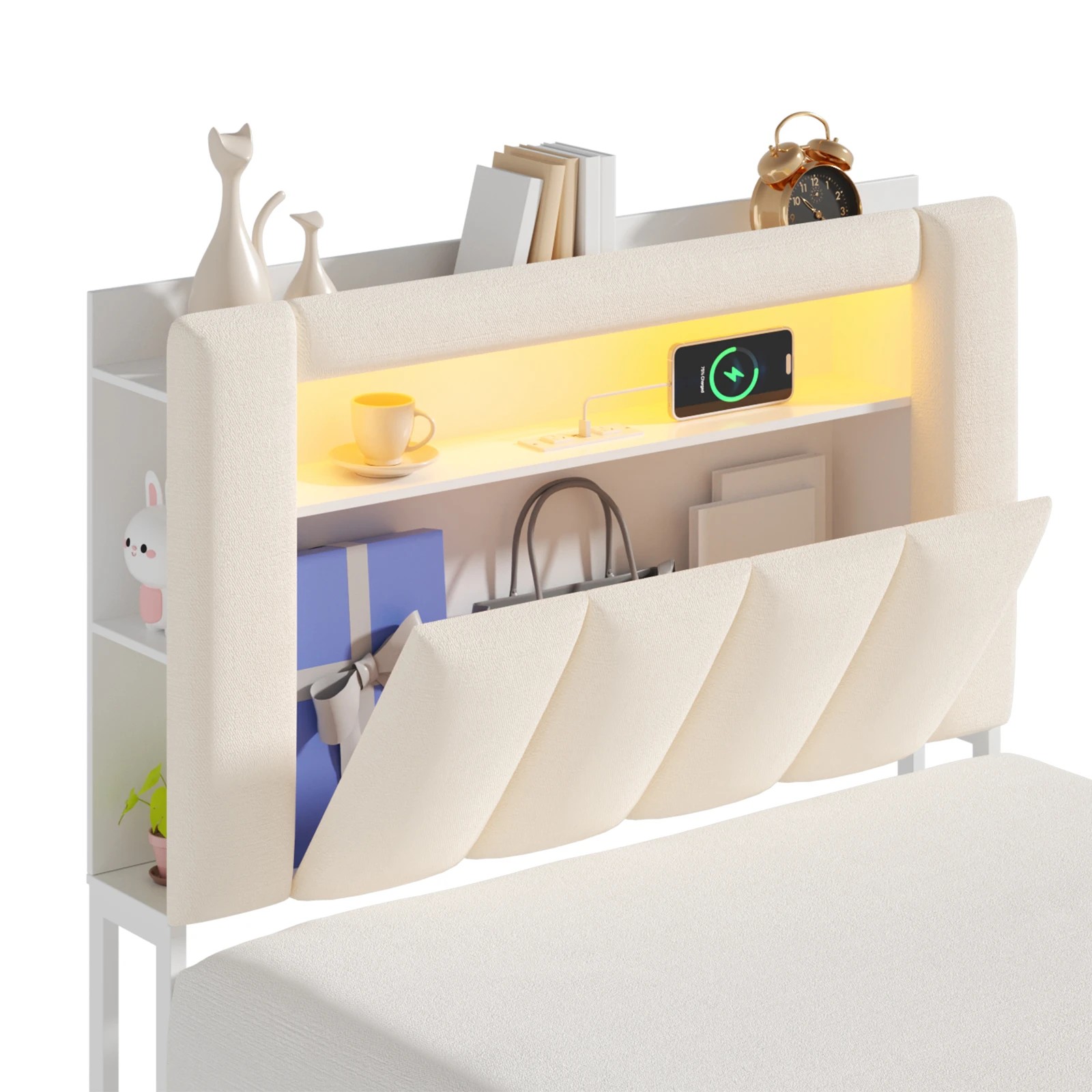 4 Advwin Kingsingle Bed Frame with LED Shelves and Charging Station - Beige, 4 of 7
