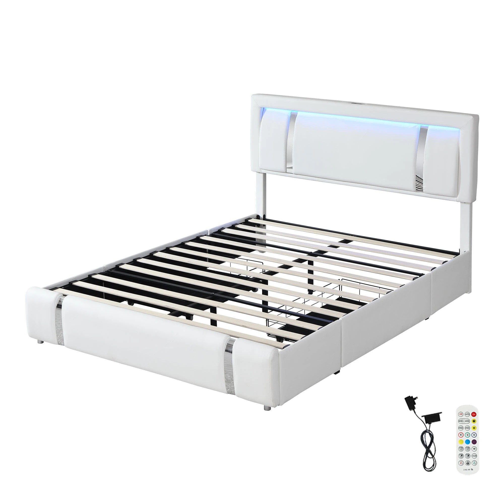 1 Levede King Bed Frame PU with LED USB and 2 Drawers - White, 1 of 9