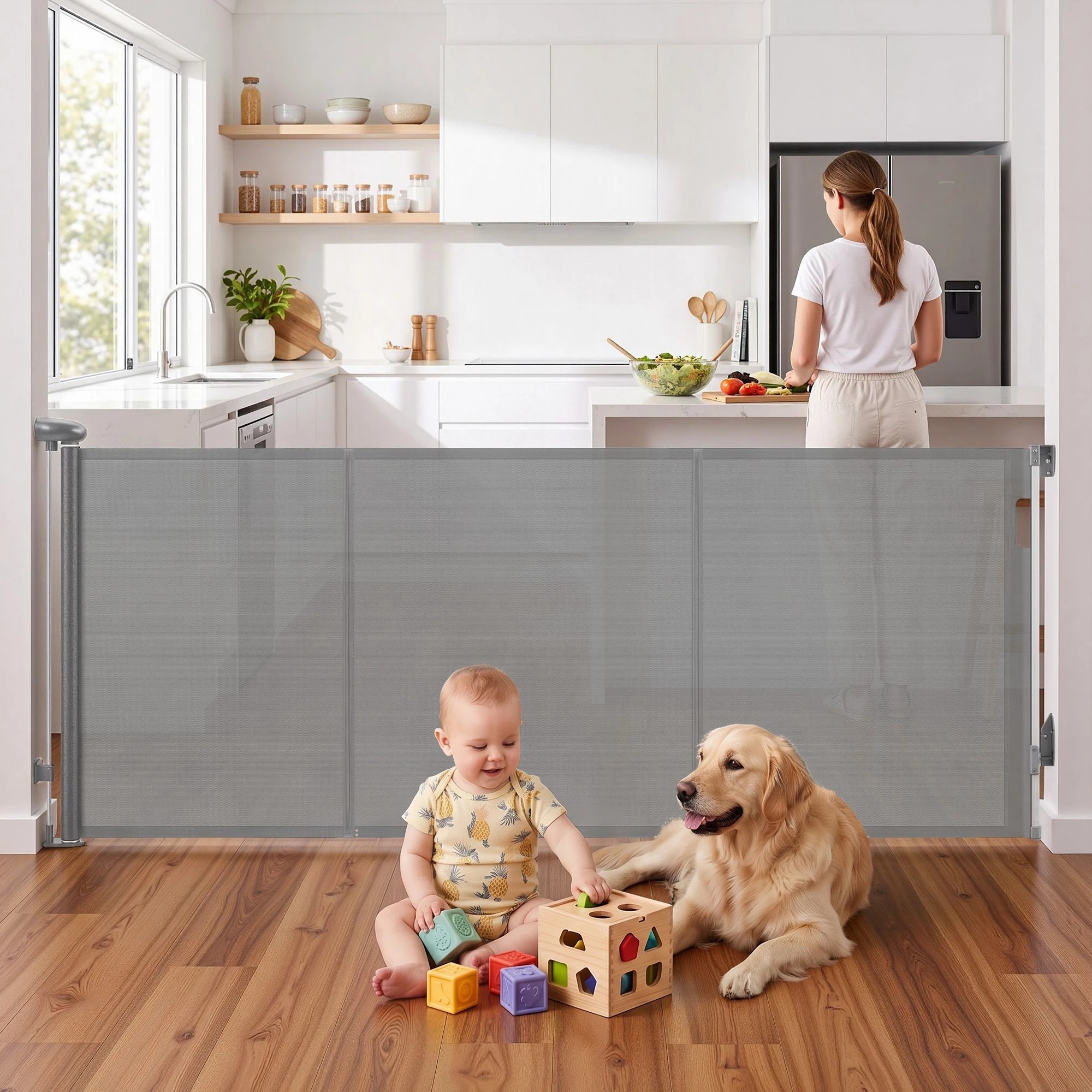2 Keezi Retractable Gate Extends up to 400cm Baby Gate Pet Safety Fence Grey - Grey, 2 of 9