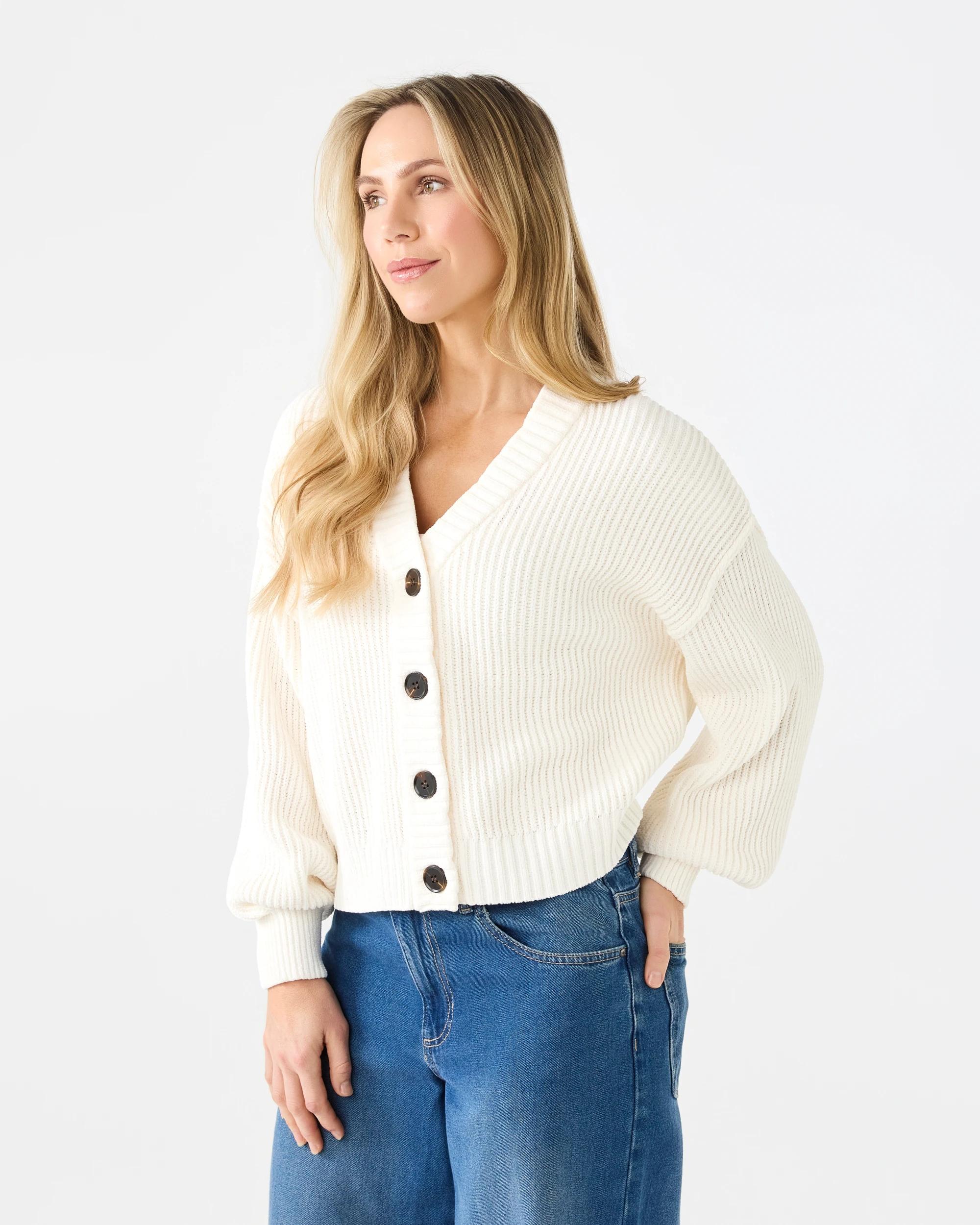 2 Chenille V Neck Cardigan White, 2 of 7