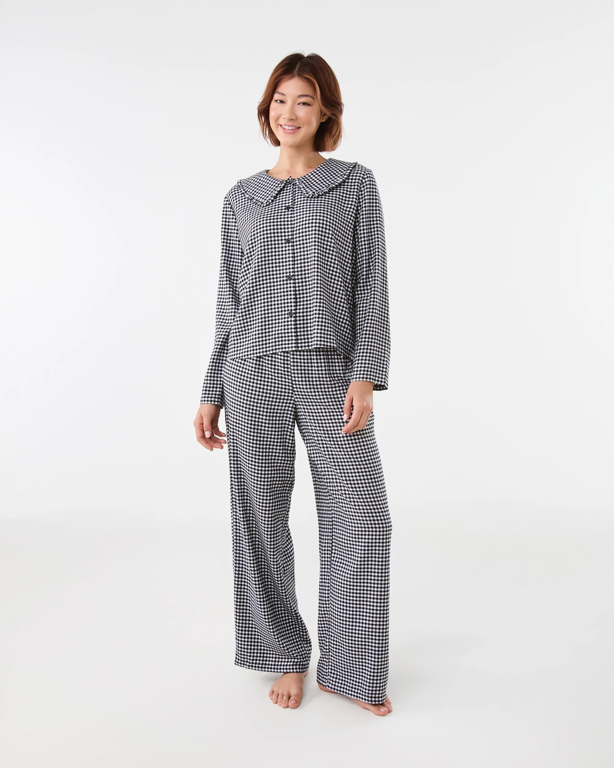 1 Collar Flannel Pyjama Set Black Chk, 1 of 7