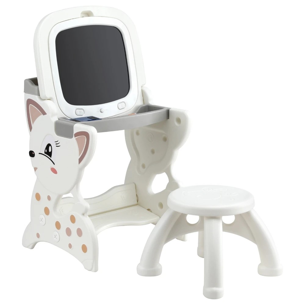 1 Keezi Kids Table and Chair Set 2 in 1 Easel Desk Stool w/ LCD Writing Tablet - White, 1 of 6
