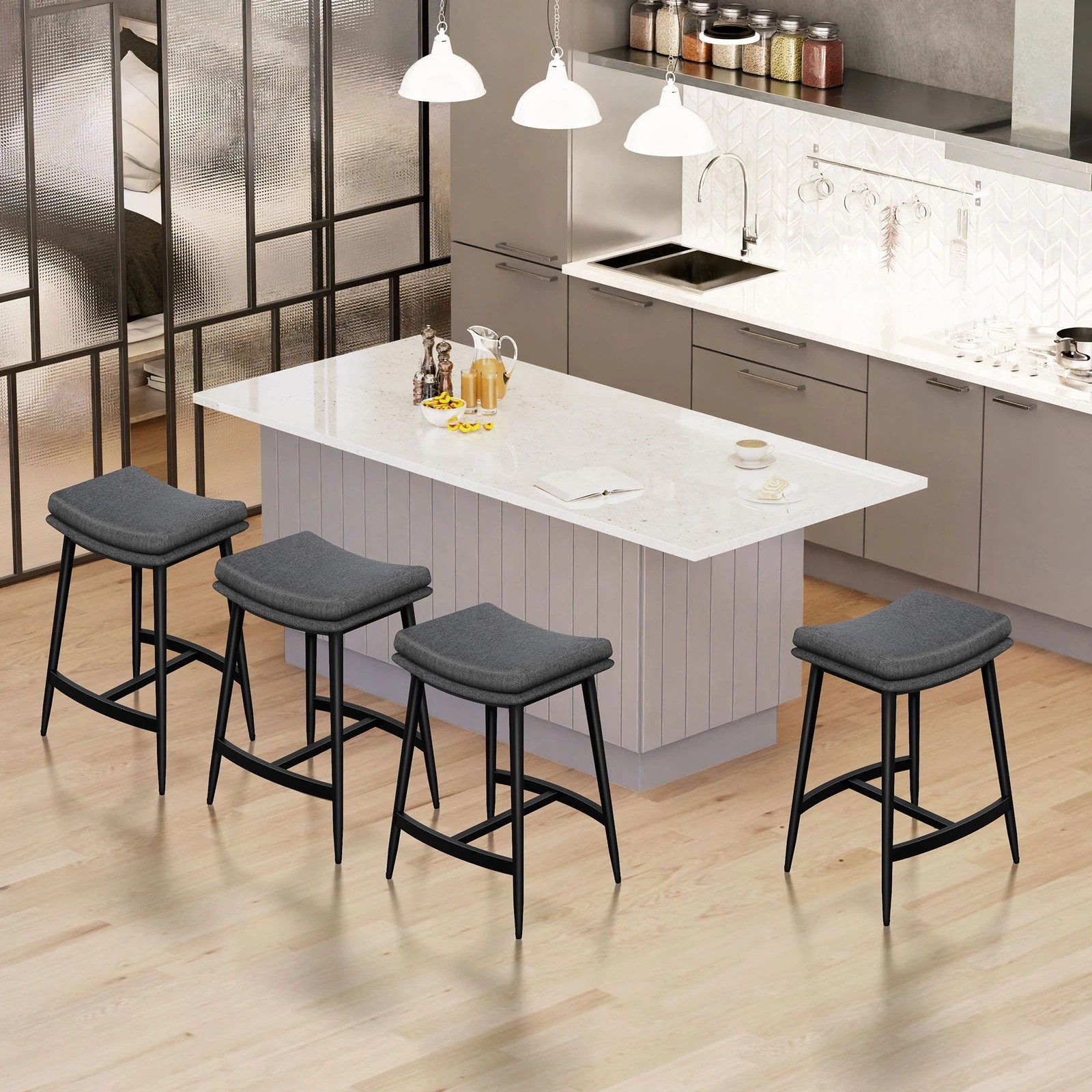 2 Alfordson 4x Bar Stools Saddle Seat Fabric - Dark Grey, 2 of 9