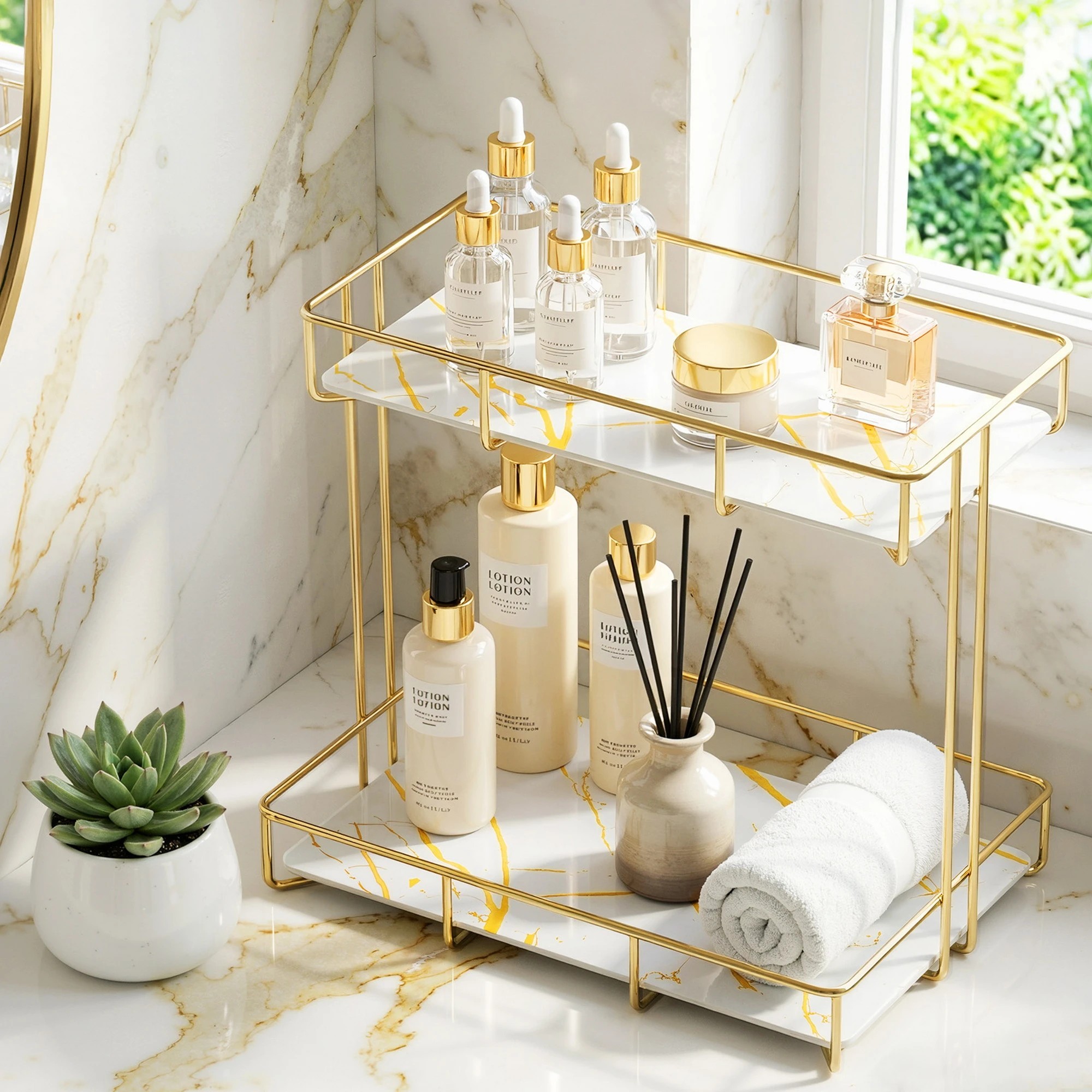 7 Artiss Bathroom Storage Rack 2 Tier Corner Organiser Gold Marble Look - Gold, 7 of 7