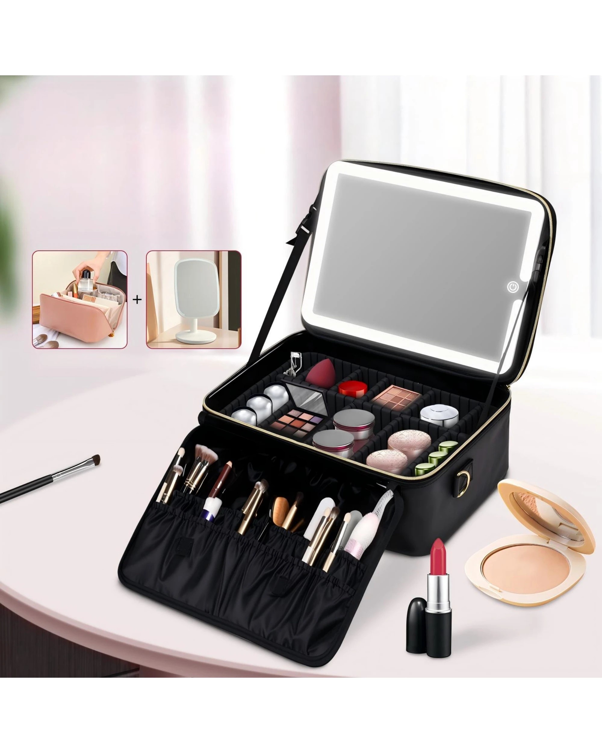 2 Advwin Travel Makeup Bag with LED Mirror -Black, 2 of 8