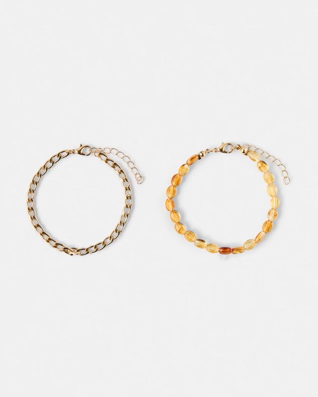 2 Pack Bead and Chain Bracelet - Gold 