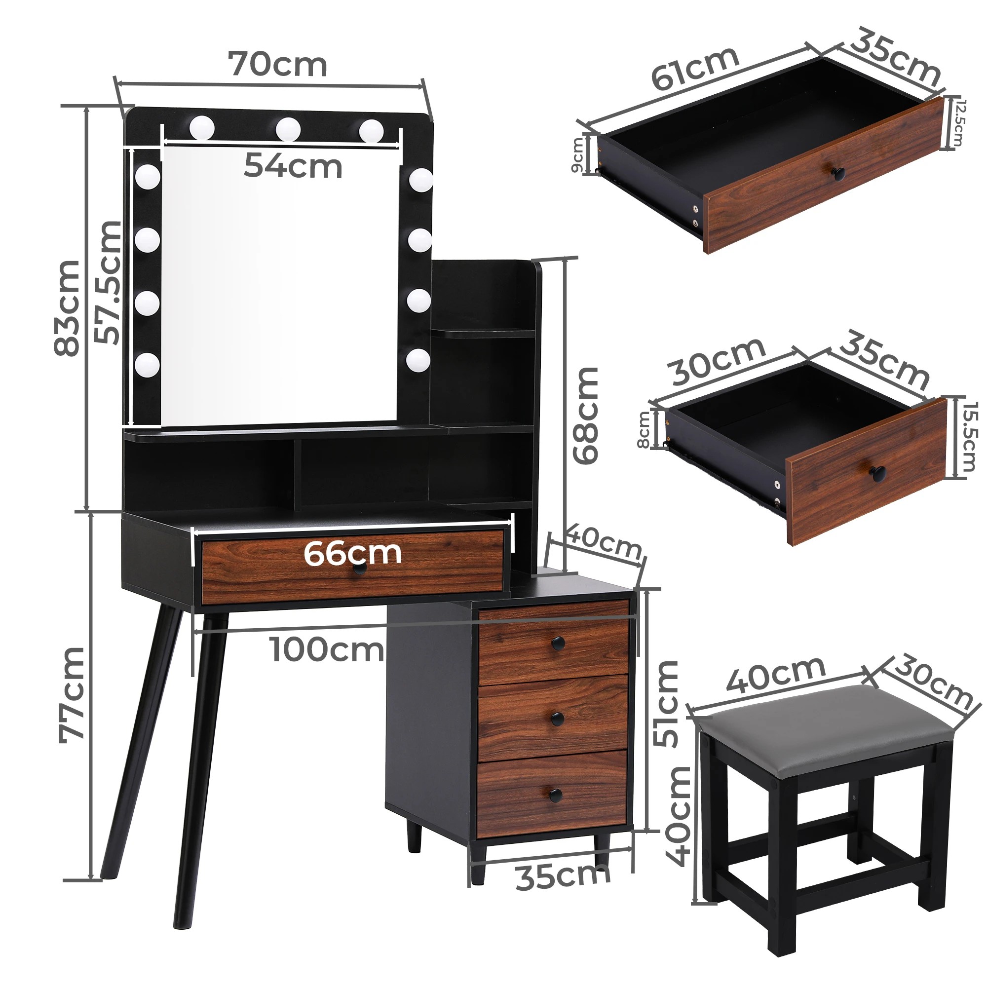 3 Levede Led Mirrordressing Table Set-black, 3 of 9