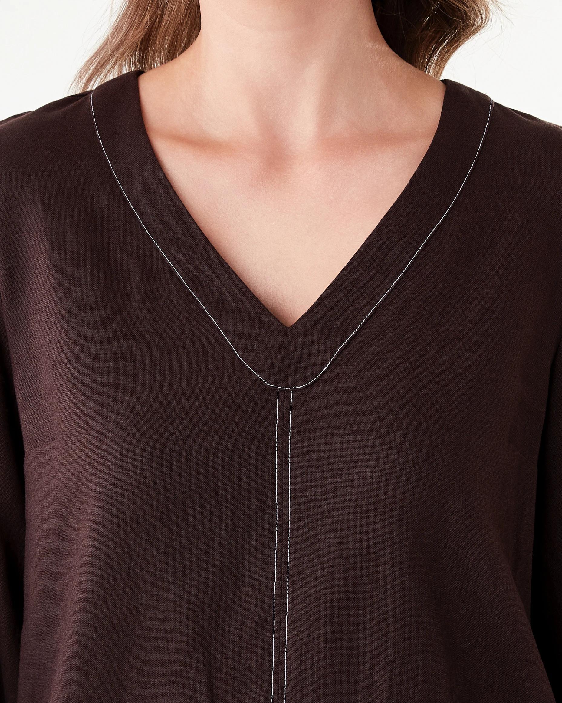 5 Long Sleeve Linen Blend V-Neck Mini Dress Choc Plum, 5 of 9