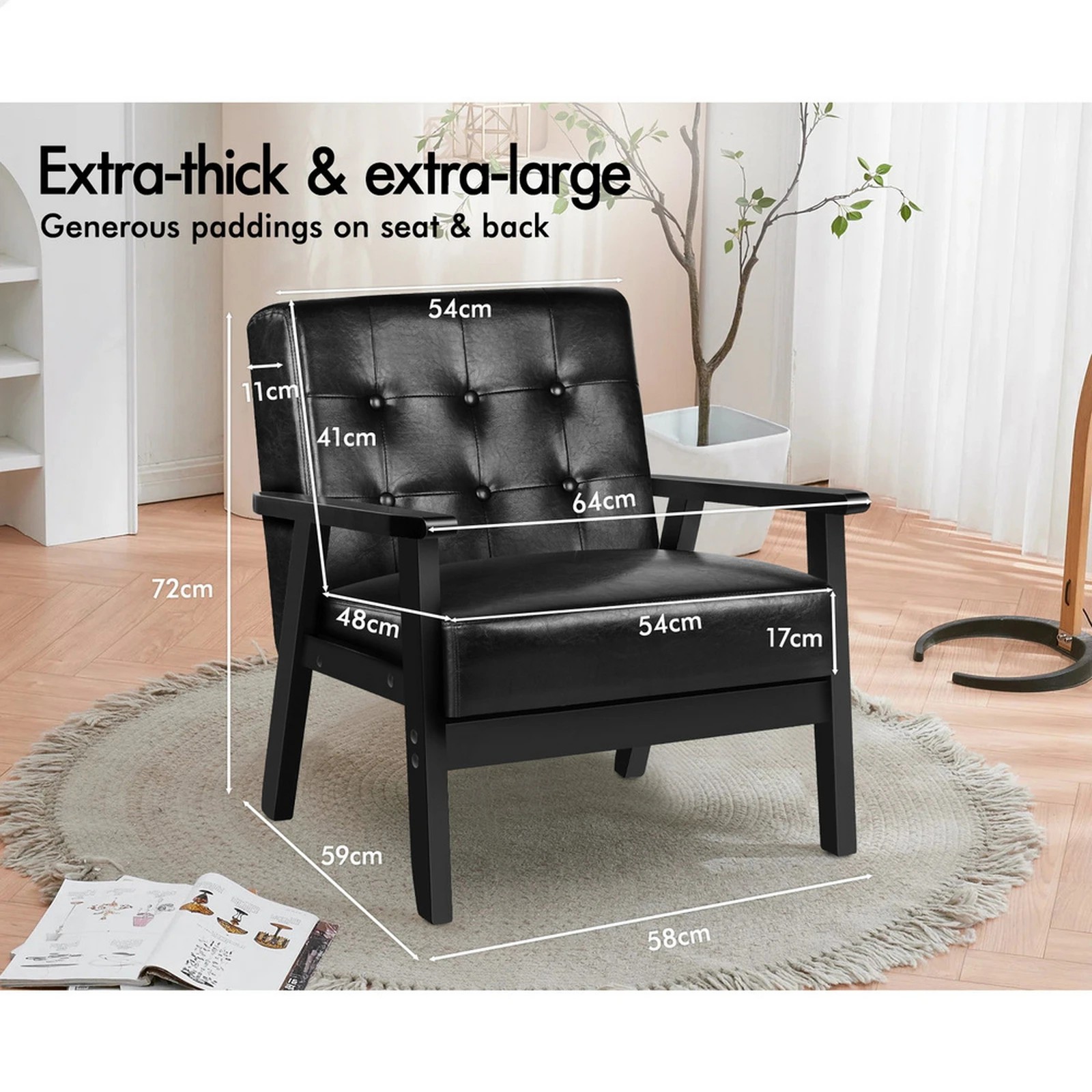 8 Alfordson Armchair Lounge Chair Tufted Accent Chair PU Leather Sofa Couch - Black, 8 of 9