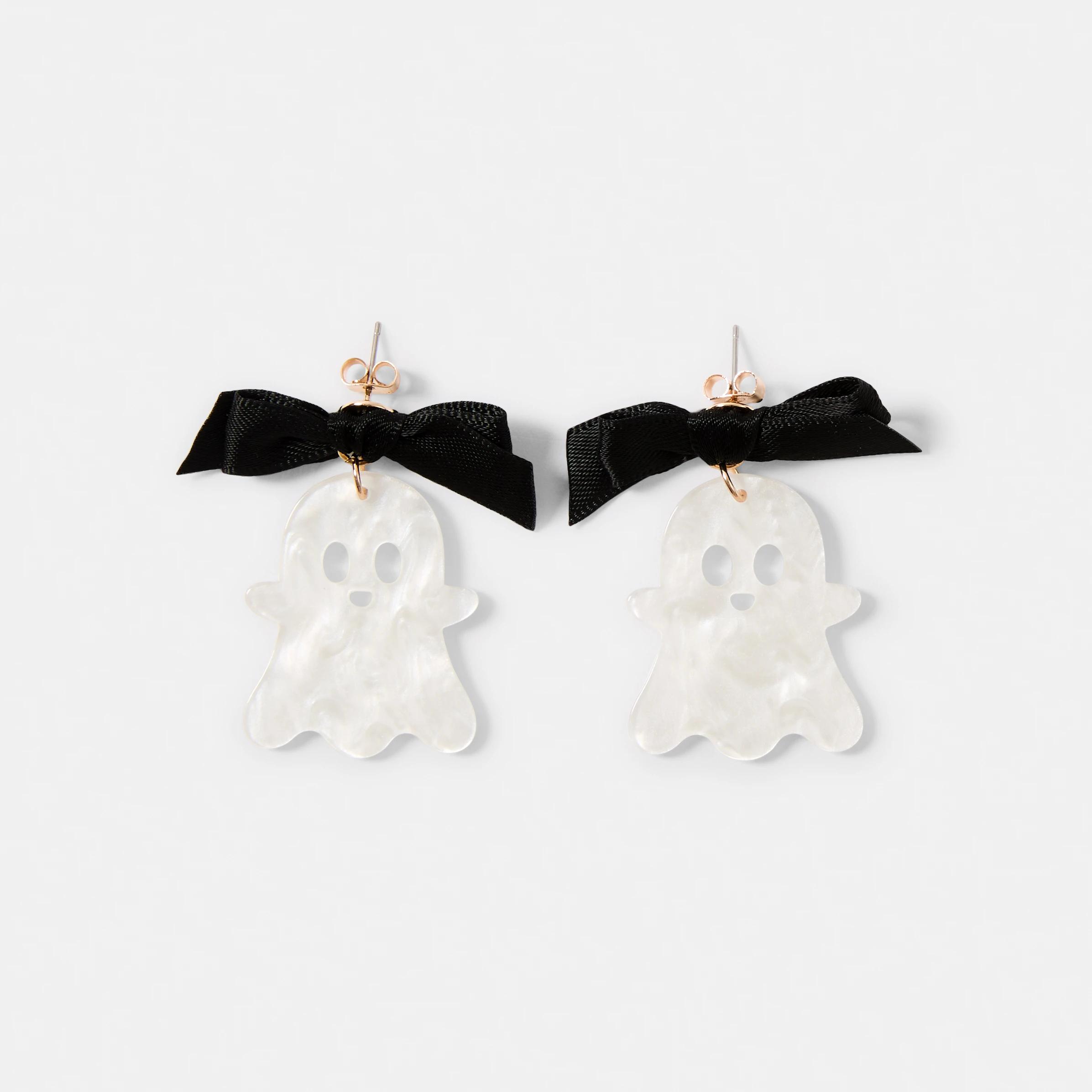 1 Halloween Ghost Stud Earrings - White, Black and Gold Tone Gold, 1 of 4