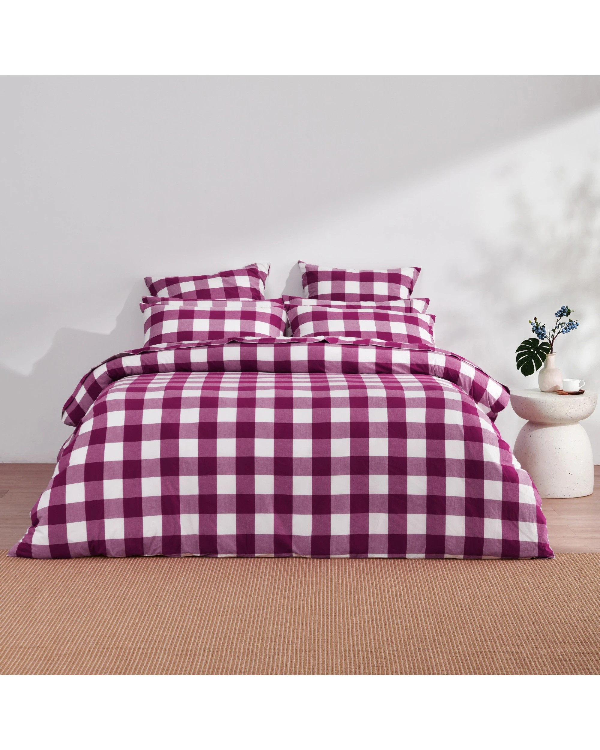 6 Dreamaker Remy Yarn Dyed Washed Cotton Checkered Quilted Cover Set - King Single Bed - Berry, 6 of 7