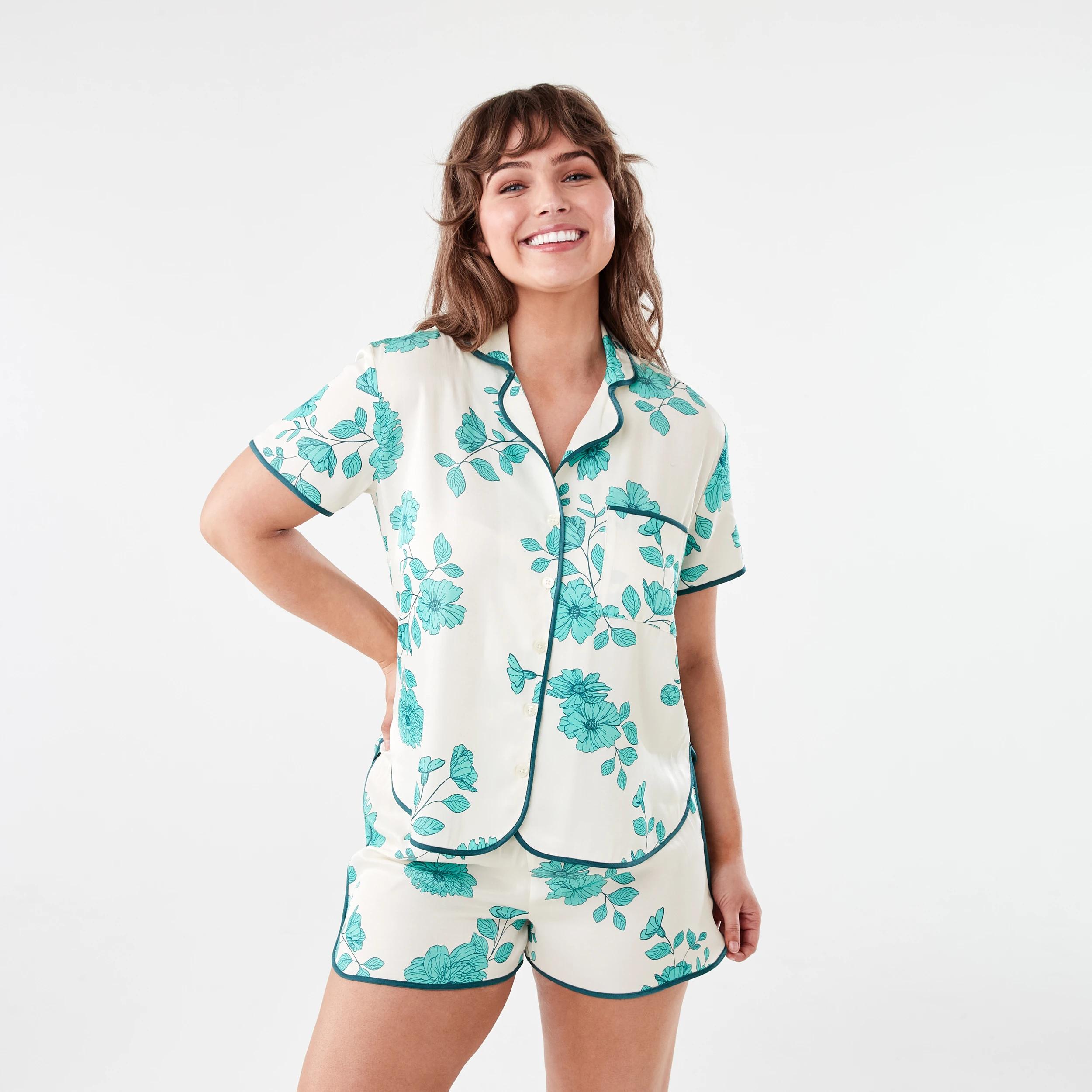 1 Short Sleeve Top and Shorts Matte Satin Pyjama Set GREEN FLORAL DEEP MINT, 1 of 8