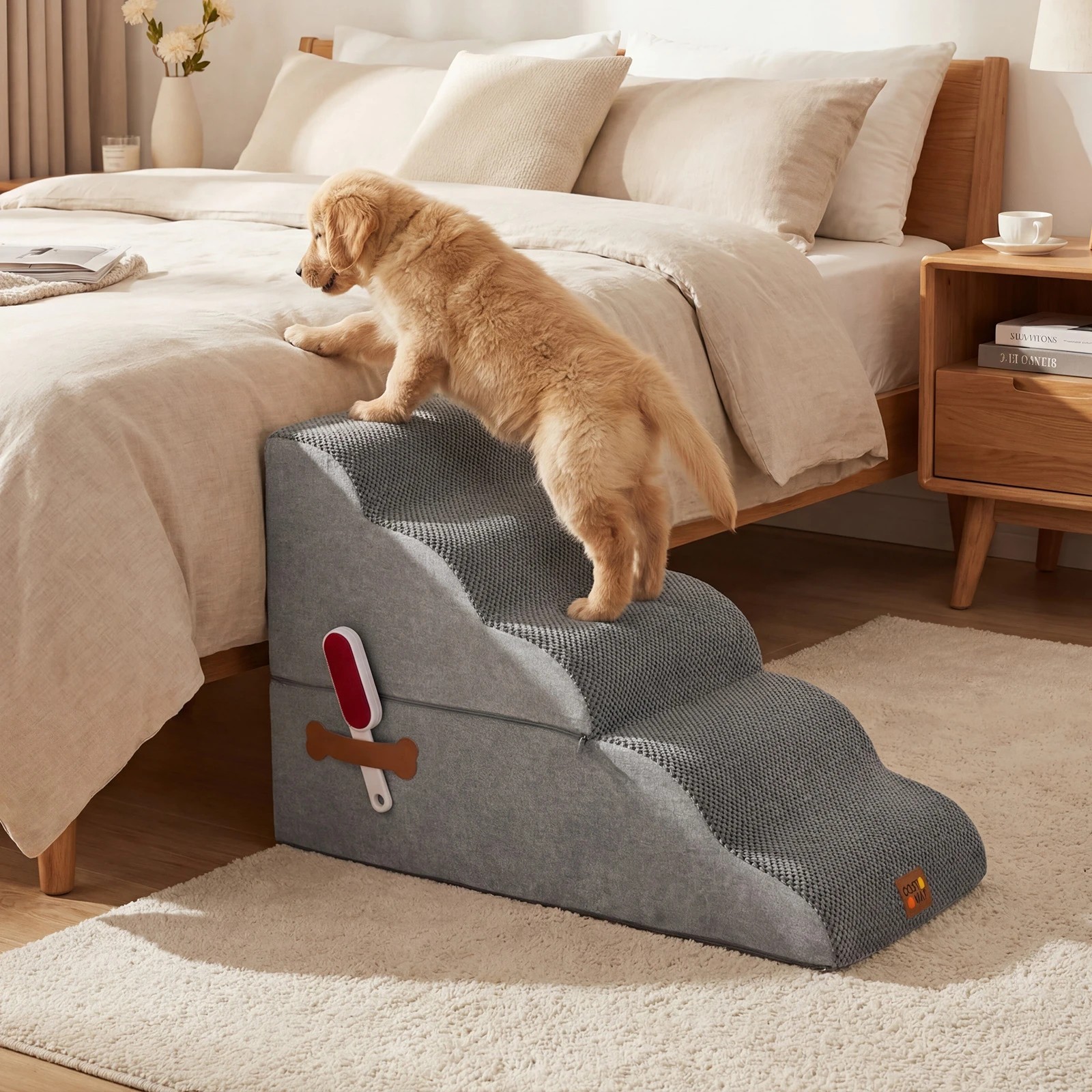 3 Costway 5-Tier Foam Pet Ramp 2-in-1 Dog Stair Ladder w/Hair Remover - Grey, 3 of 7