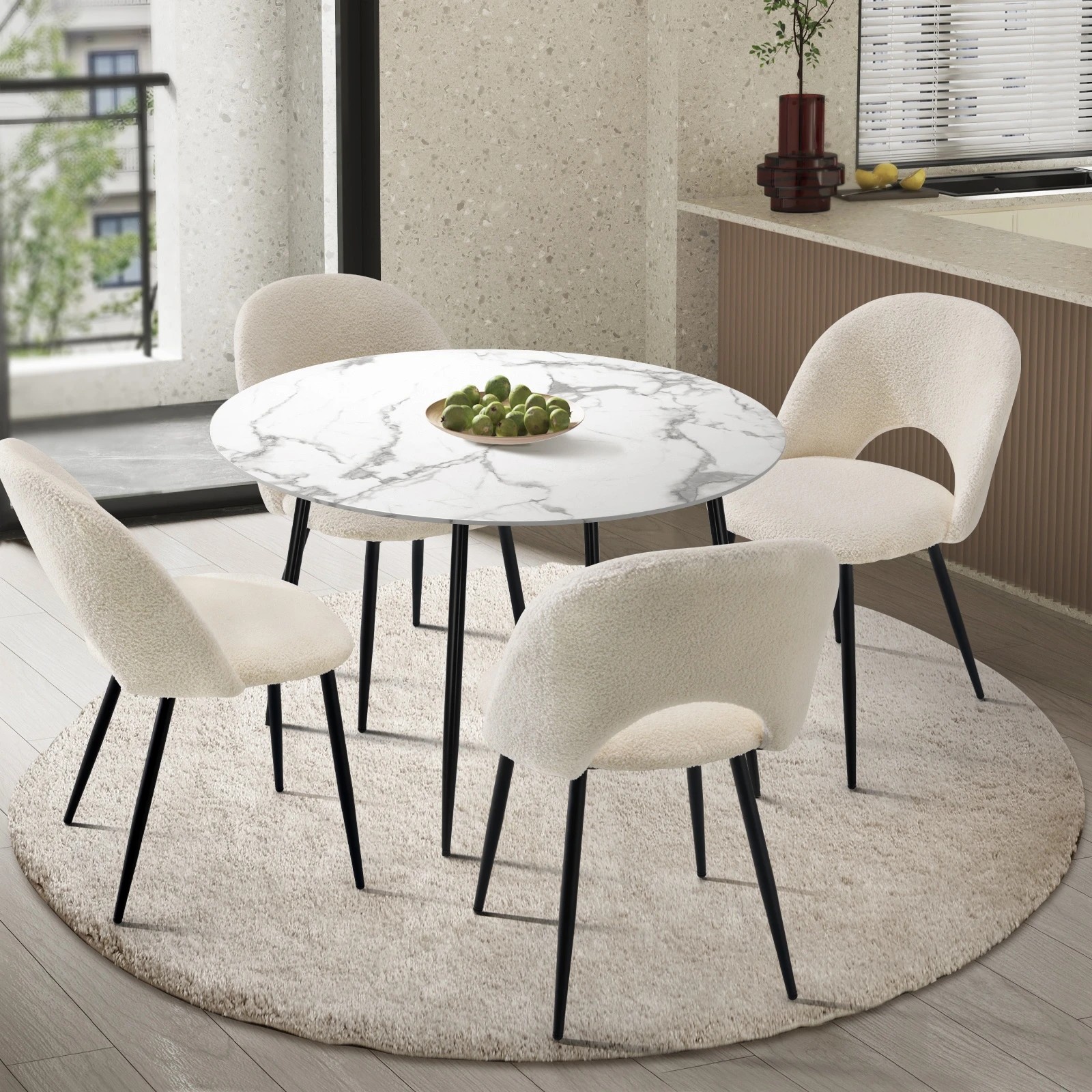 2 Oikiture 110cm Round Dining Table With 4pcs Dining Chairs White Sherpa
 - Multi, 2 of 10