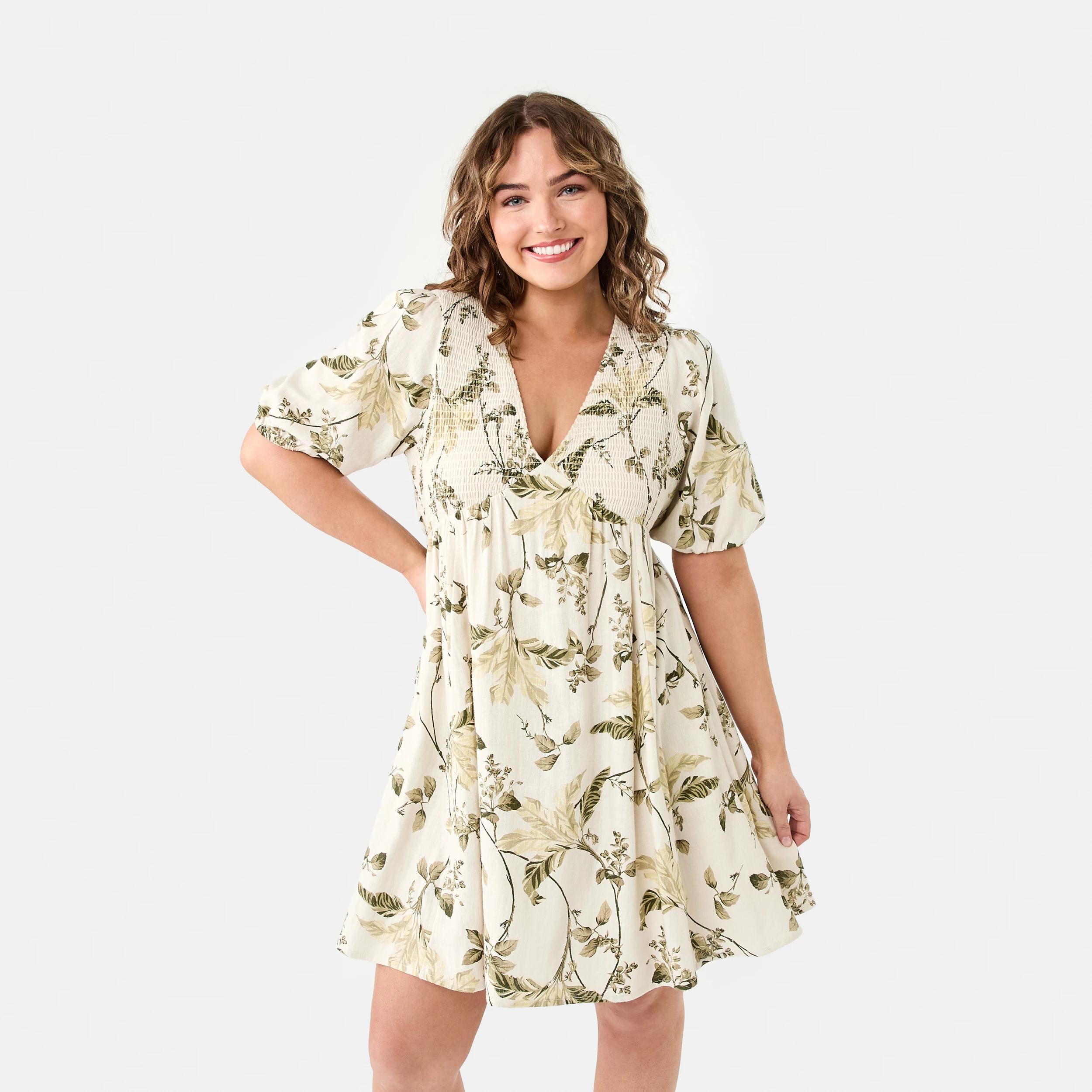 1 Short Sleeve Shirred V-Neck Mini Dress TROPICAL BURNT OLIVE, 1 of 9