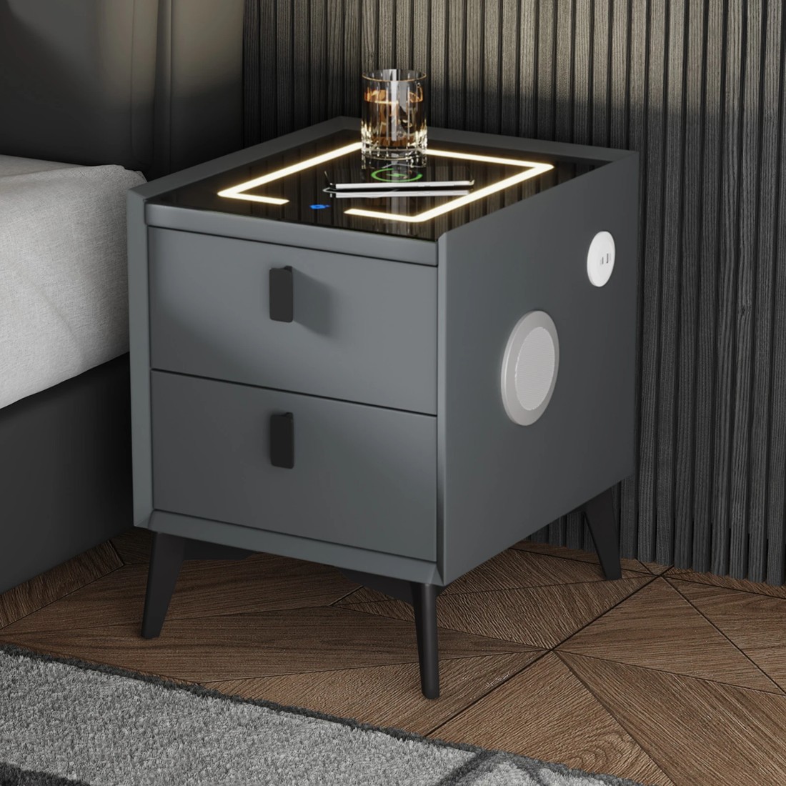 2 Oikiture Smart Bedside Table Wireless Charging Led Lights Nightstand
 - Grey, 2 of 10