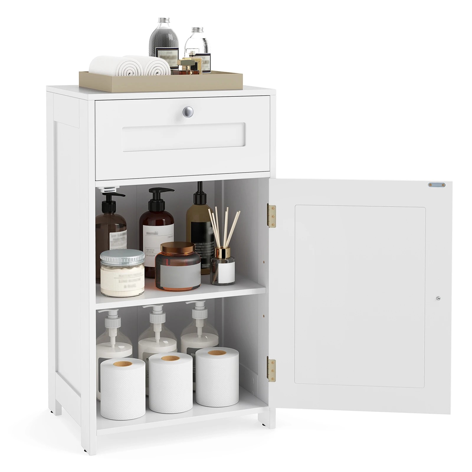 6 Costway Bathroom Cabinet Toilet Storage Cupboard Laundry Sideboard w/Drawer - White, 6 of 7