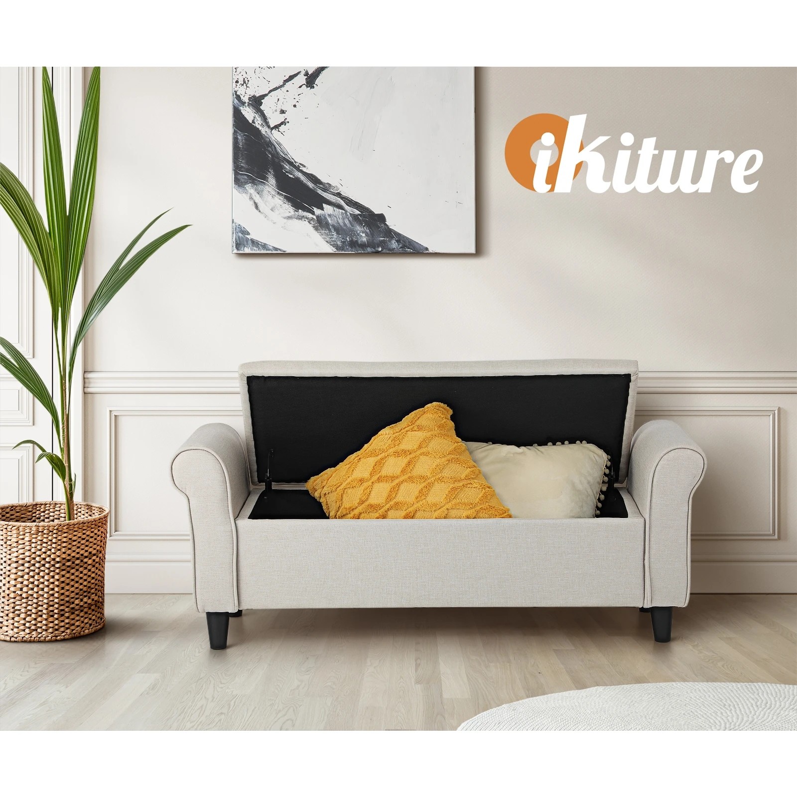 9 Oikiture Storage Ottoman Blanket Box Linen Fabric Arm Foot Stool Couch
 - Beige, 9 of 10