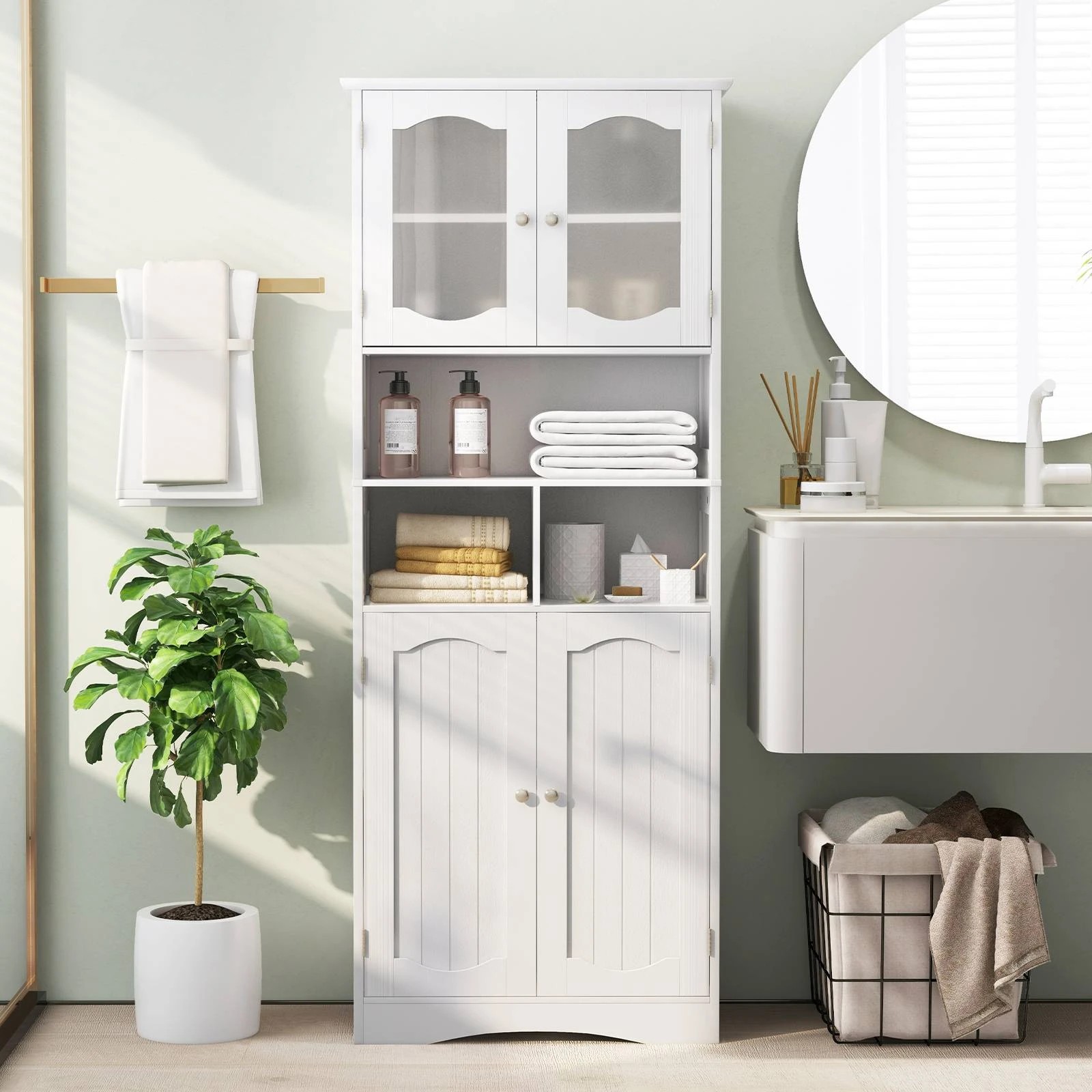 2 Costway 150cm Tall Bathroom Cabinet Freestanding Storage Cabinet w/Tempered Glass Doors, 2 of 4