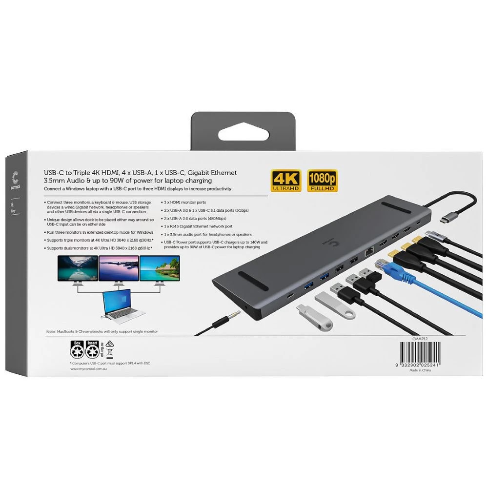 7 Comsol USB-C to Triple 4K HDMI/USB/RJ45/Audio/USB-C Dock, 7 of 7