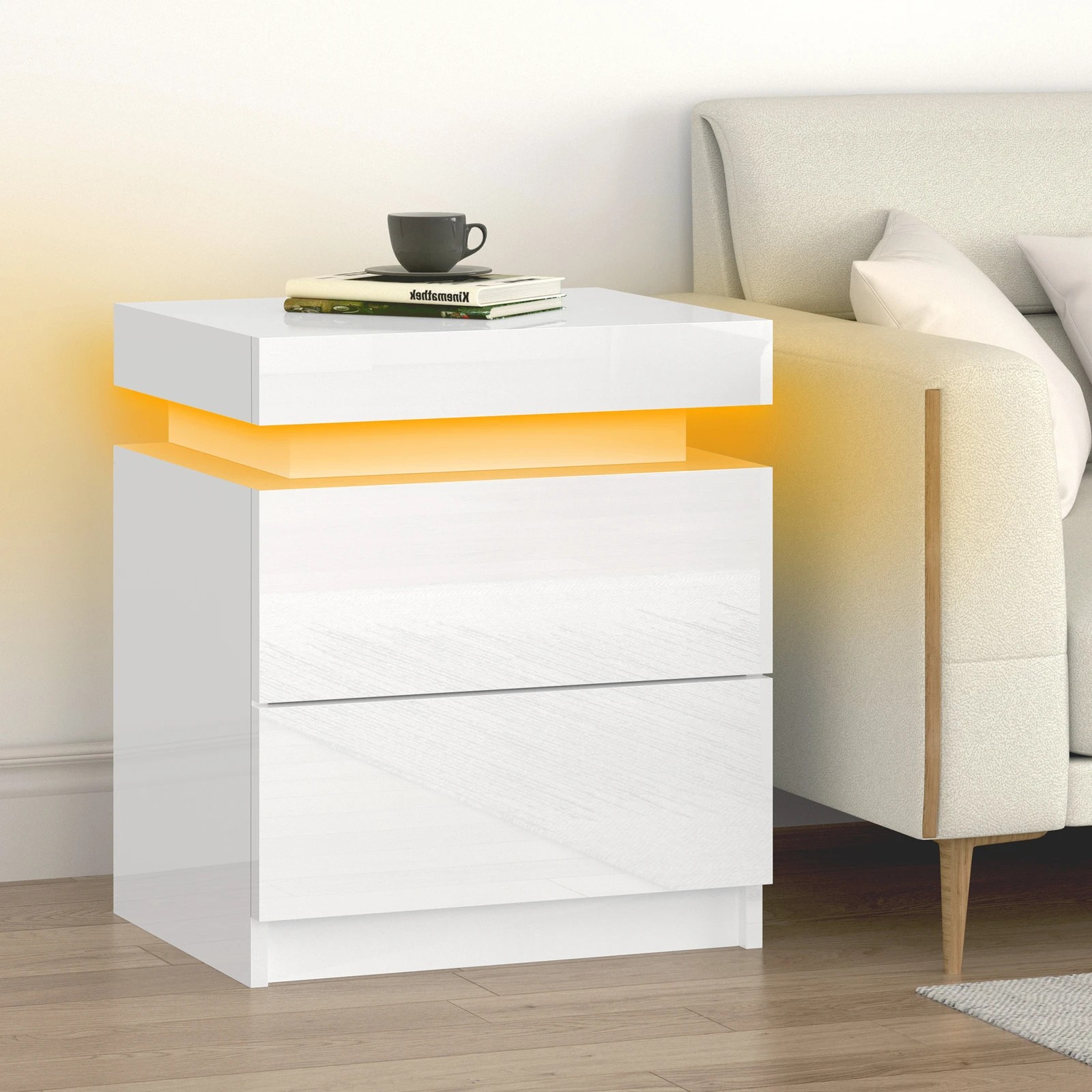 4 Alfordson Bedside Table RGB LED Nightstand 2 Drawers 4 Side High Gloss - White, 4 of 10