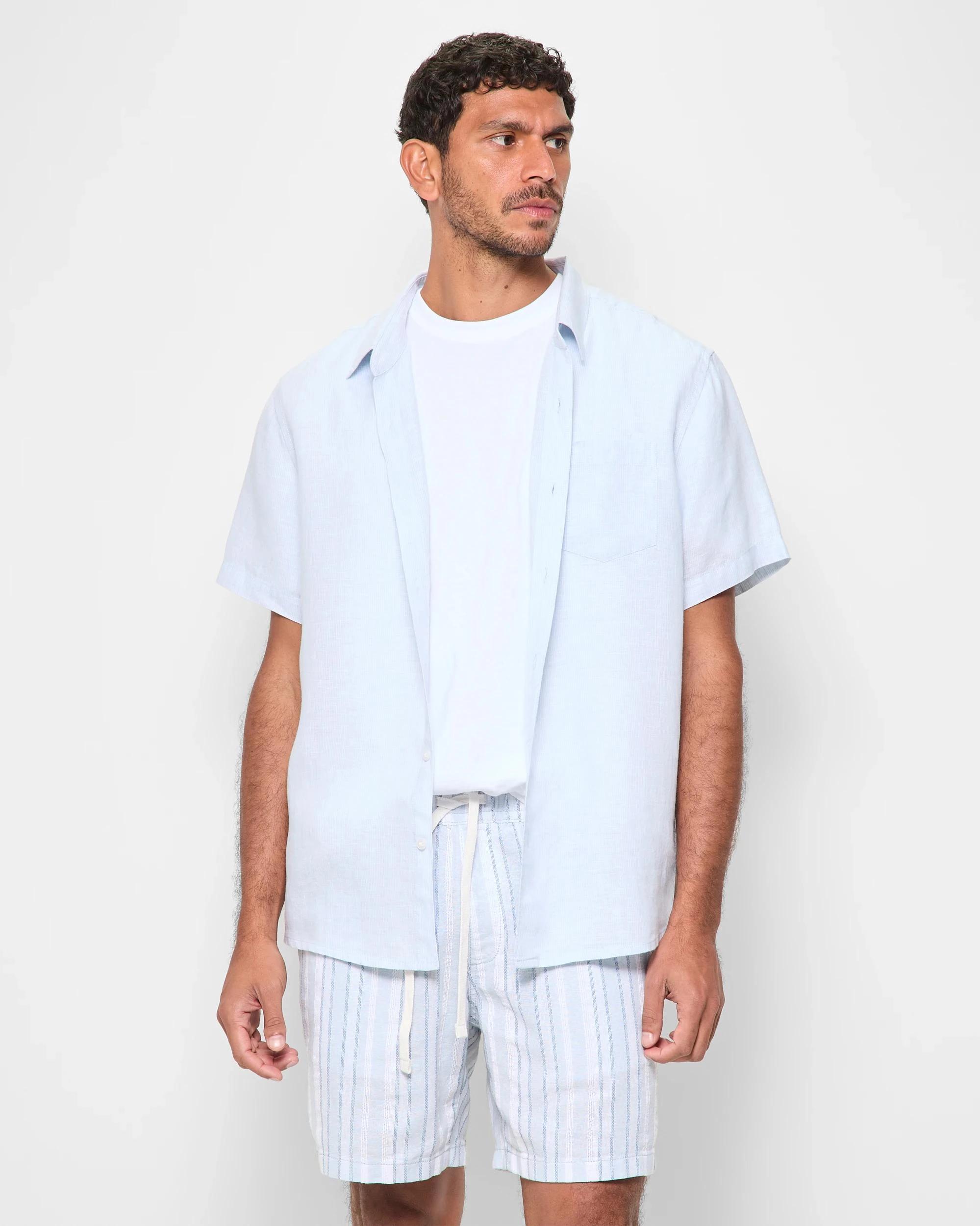 1 Target Man European Linen Short Sleeve Shirt MICROSTRIPE LIGHT BLUE, 1 of 5