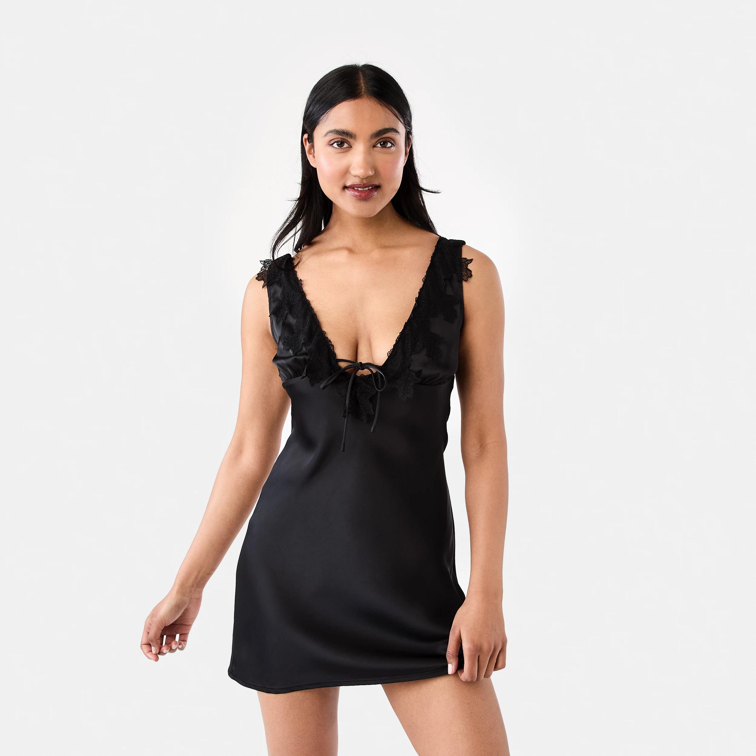 1 Satin Tie Mini Dress Black, 1 of 7