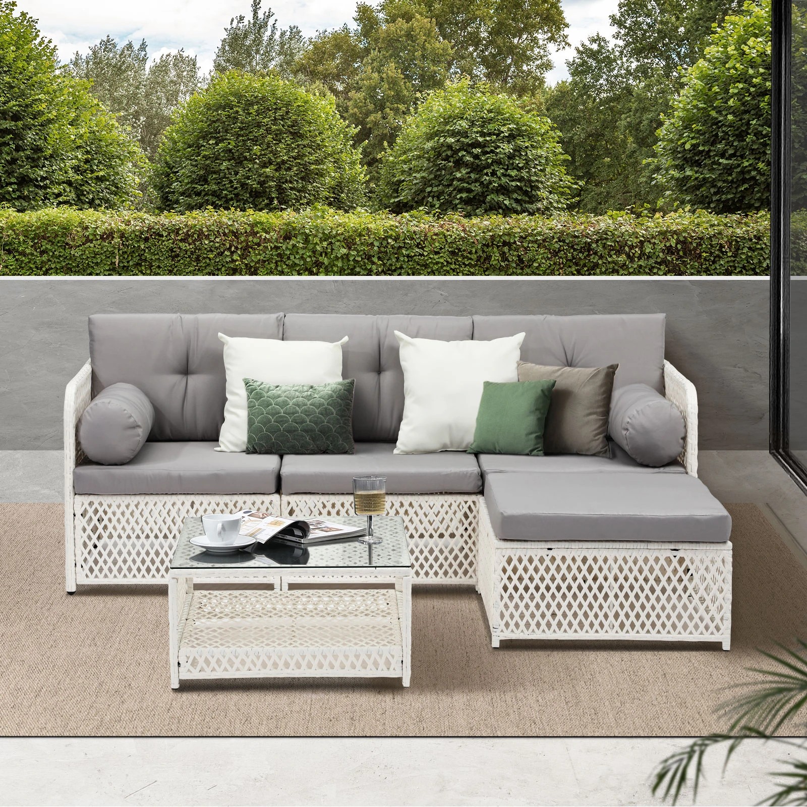 4 Livsip Outdoor Sofa Set 4 Seater Wicker Lounge Setting - White, 4 of 8