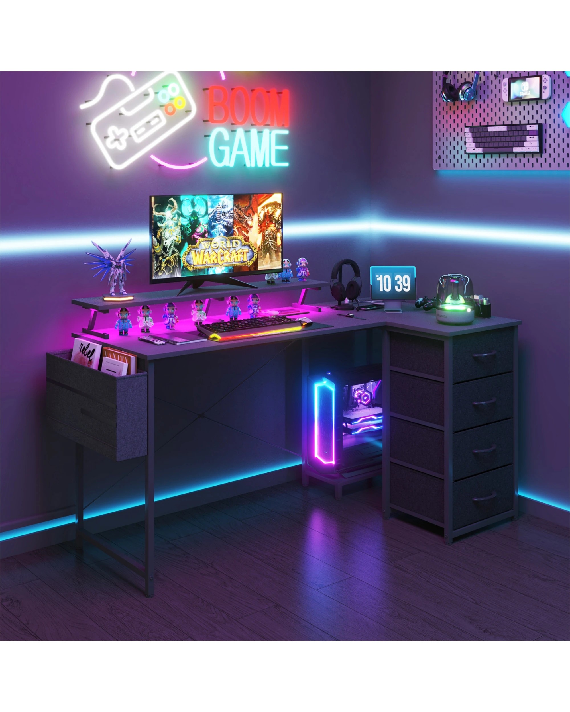 1 Advwin L Shaped Gaming Desk 140cm With Led Lights & Power Outlets Convertible Computer Desk With Monitor Stand Black, 1 of 5