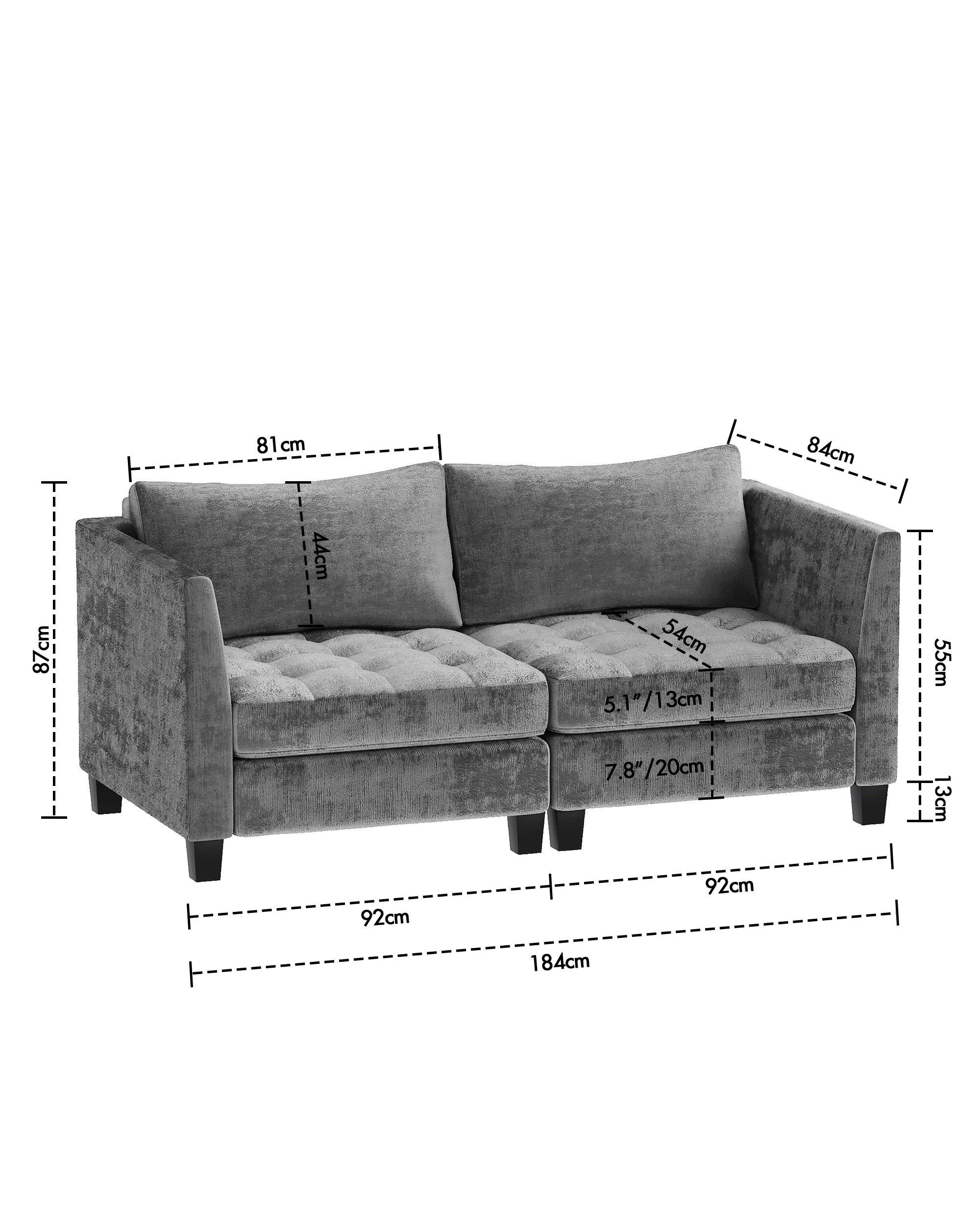 3 Advwin Modern Loveseat Sofa 184cm 2 Seaters Chenille Fabric - Grey, 3 of 7