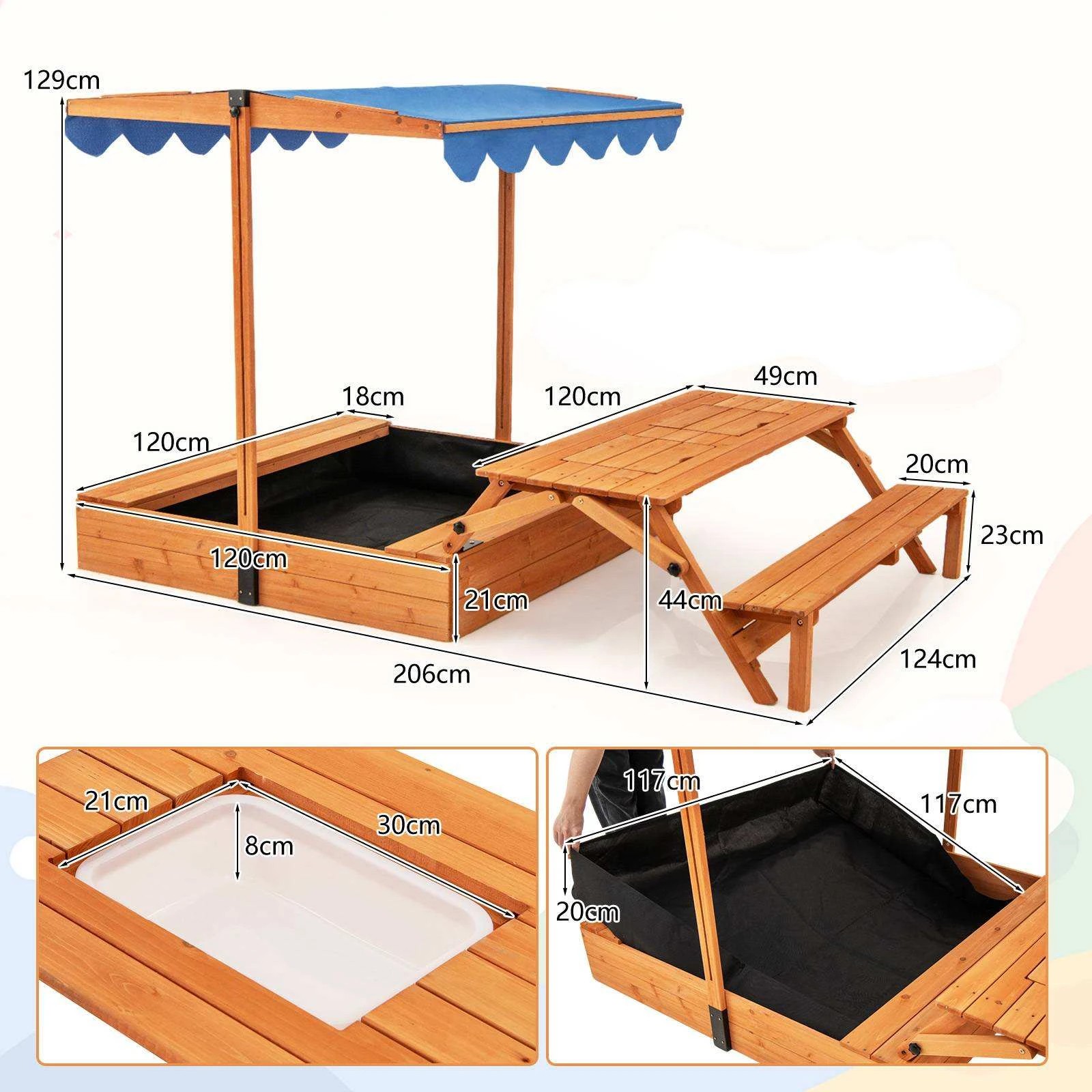 2 Costway Sandpit Wooden Sandbox Set w/Rotatable Canopy Picnic Sensory Table Bench, 2 of 2