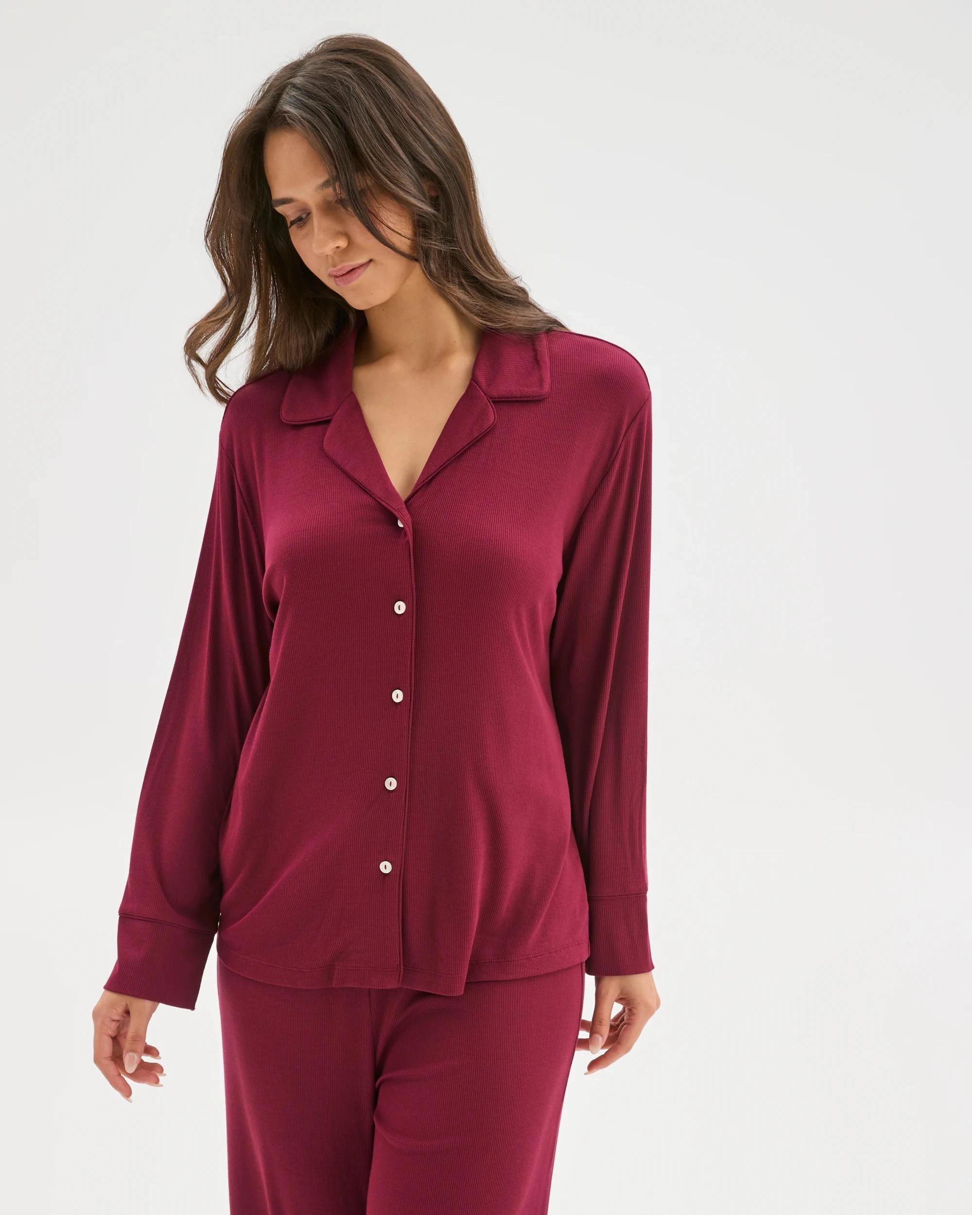 1 Target Woman Long Sleeve Rib Pyjama Shirt ZINFANDEL, 1 of 6
