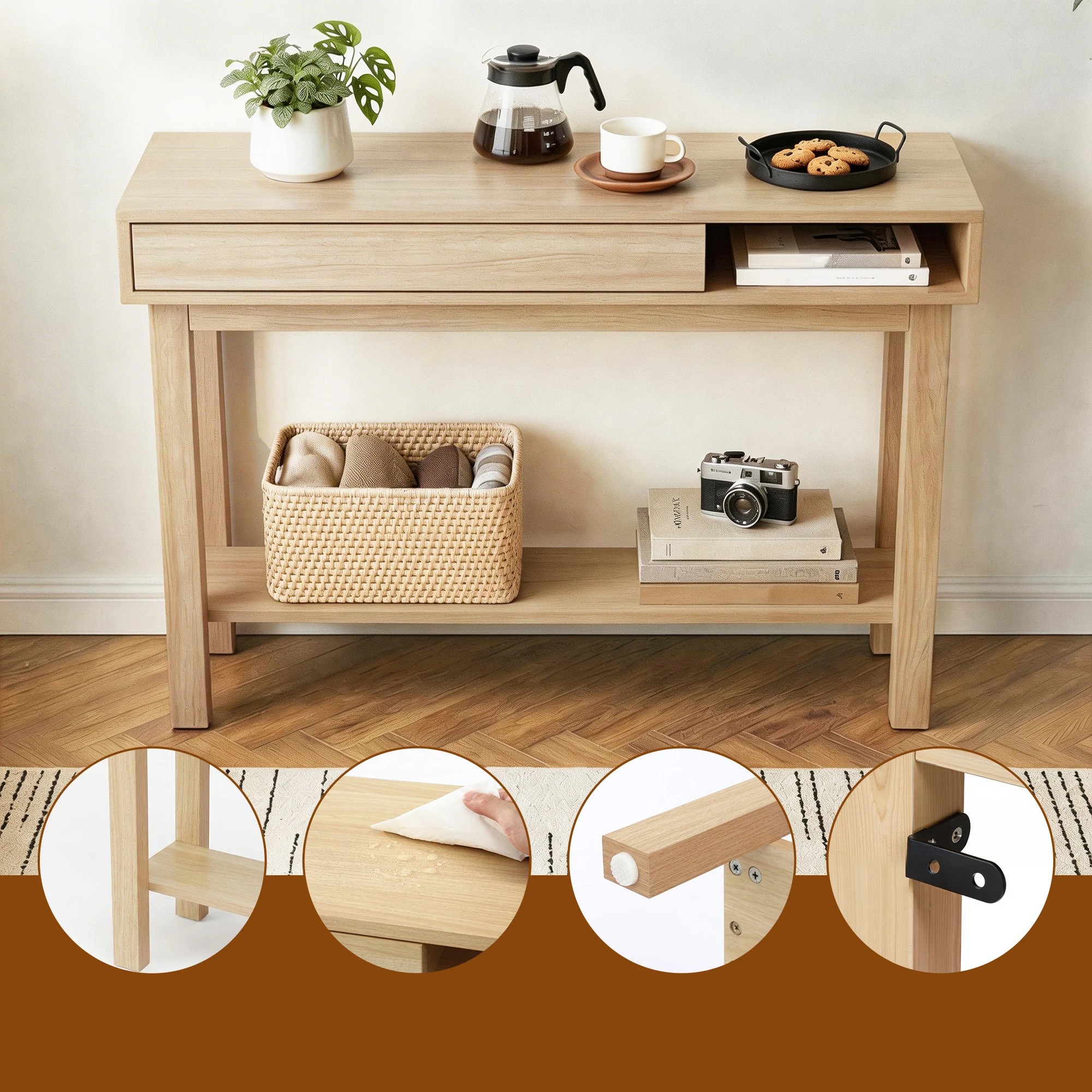 6 Artiss Console Table Entryway Hallway Sofa Side Table Drawer Shelf 100CM Wood - Natural, 6 of 8