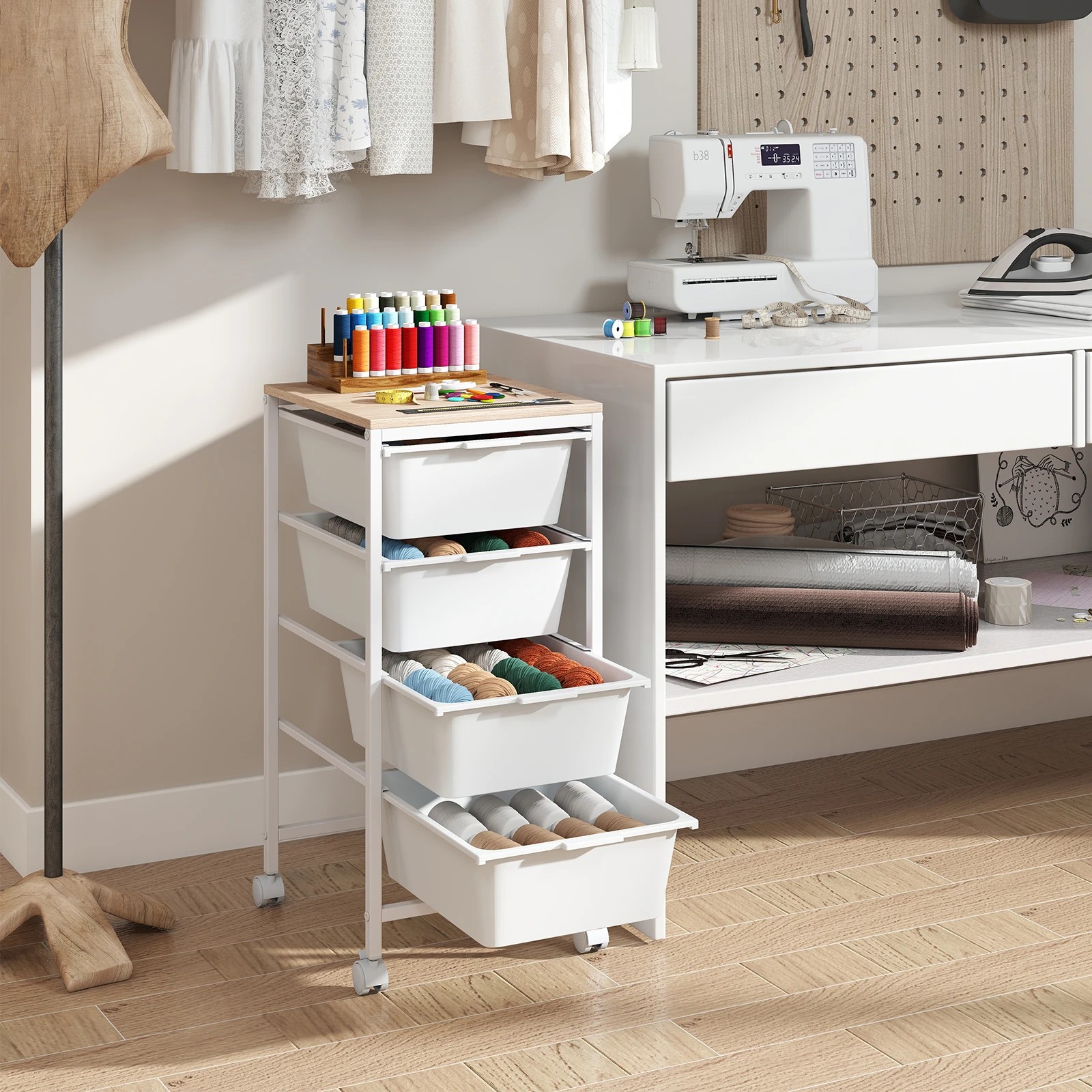 4 Costway 4-Drawer Rolling Storage Cart Mobile Utility Organizer w/Wooden Tabletop - White, 4 of 6
