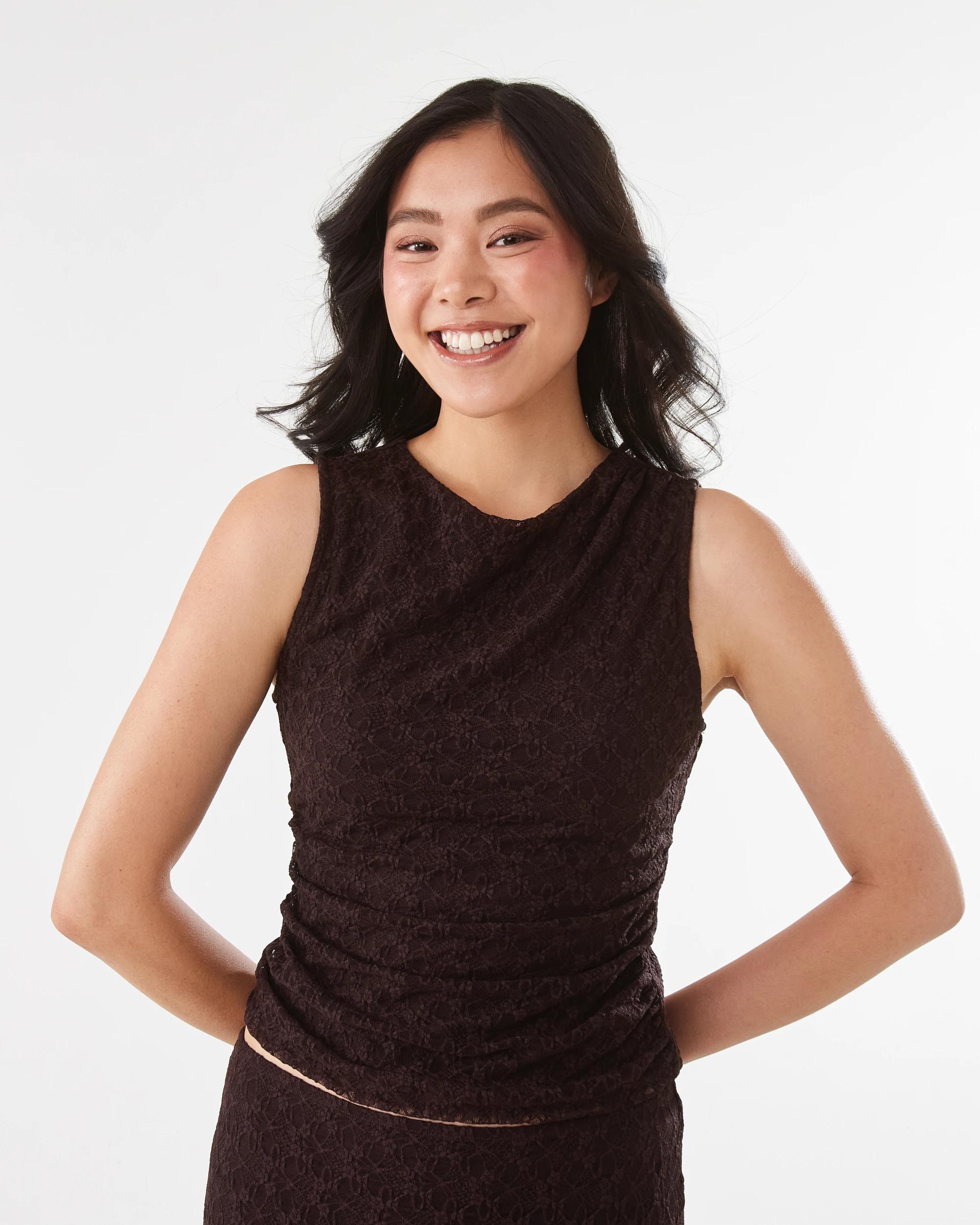 1 Sleeveless Drape Detail Tank Choc Plum, 1 of 5